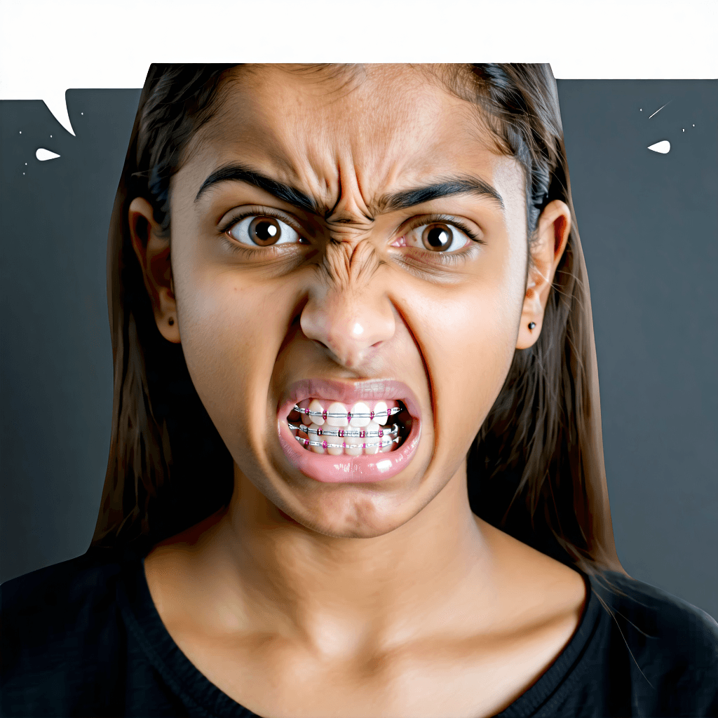 Generate an image of a light-skinned Indian teenager with sleek, straight hair cascading down her shoulders. Her eyes are small yet expressive, nestled above a small button nose. A glimpse of her pink braces is visible when she expresses her agitation, set against her full lips which lack the typical Cupid's bow. Her face is delicately slim, softening to a subtle jawline. Now, imagine her in the throes of a passionate tantrum, her frustration fully embodied in her demeanor. Make her lighter with no accessories. ADD BRACES
