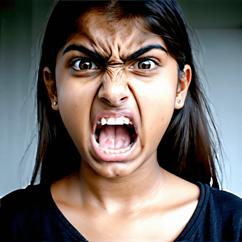 Generate an image of a light-skinned Indian teenager with sleek, straight hair cascading down her shoulders. Her eyes are small yet expressive, nestled above a small button nose. A glimpse of her pink braces is visible when she expresses her agitation, set against her full lips which lack the typical Cupid's bow. Her face is delicately slim, softening to a subtle jawline. Now, imagine her in the throes of a passionate tantrum, her frustration fully embodied in her demeanor. Make her lighter with no accessories 