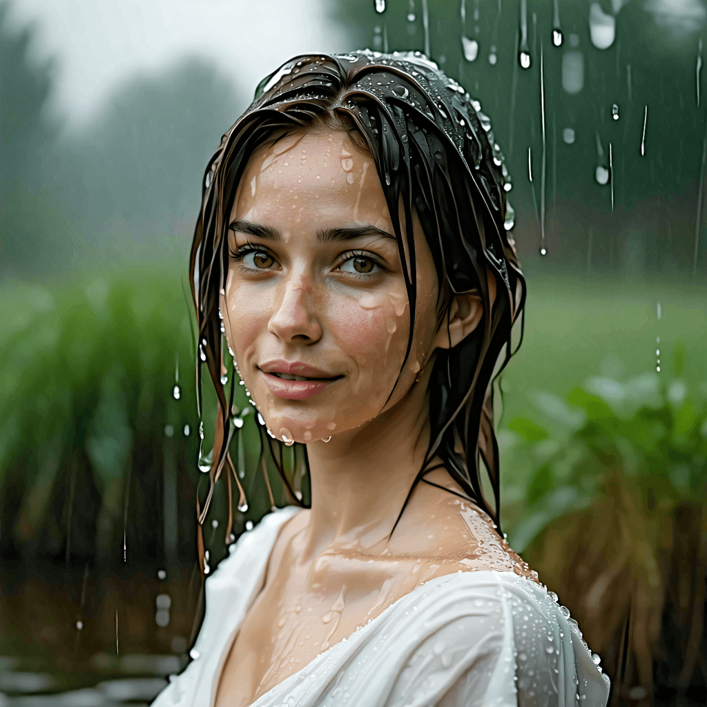 Create a photorealistic image capturing Marusya Shiklina outdoors, bathed in the soft, natural light of early morning. The focus is on a macro texture shot that reveals the intricate details of her surroundings, highlighting her authentic interaction with nature. The composition should use a shallow depth of field to blur the background, drawing attention to Marusya and the delicate rain or water droplets that adorn her and the metallic surfaces nearby, reflecting the serene environment. Incorporate seasonal elements to frame her, creating a symmetrical balance that is both compelling and harmonious. The background should hint at distant landscapes, adding a sense of scale, while the foreground features silhouetted nature elements, adding depth. Fine details like her hair should be crisp against the soft background. The color grading should enhance contrasts, making the image pop, with a focus on dynamic elements like flowing water to add life to the scene. Aim for a cinematic composition that feels as if captured by a professional photographer, utilizing 8k resolution for maximum detail and realism.