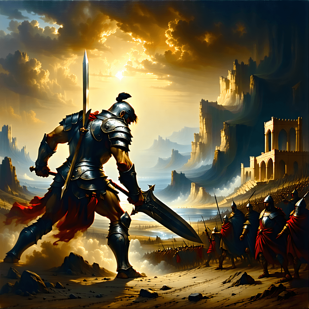 Develop a realistic image of the painting “David slays Goliath” by Gustave Doré.