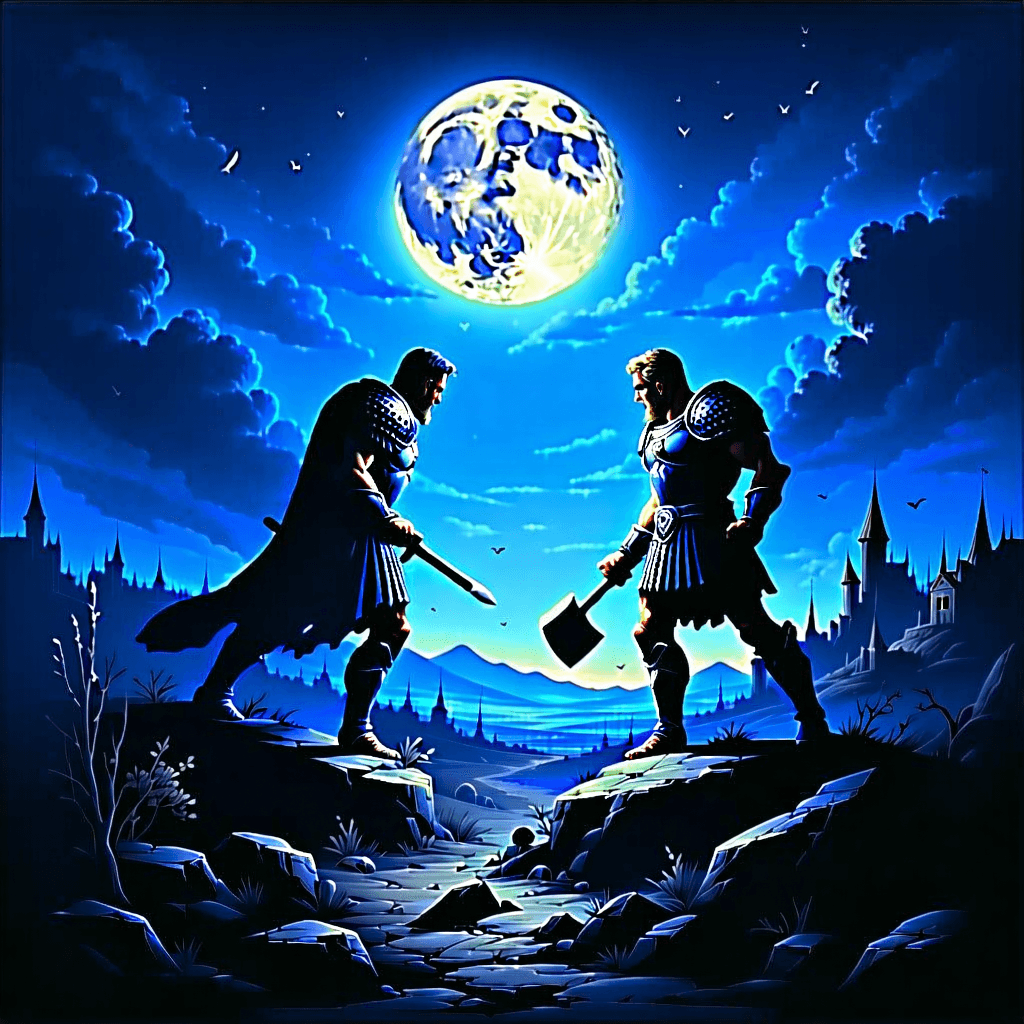 "Develop a surrealistic image that embodies the climactic confrontation between David and Goliath, inspired by Gustave Doré's art yet transformed with a surrealistic twist. The scene unfolds outdoors under the enchanting glow of the moonlight, accentuating the deep blues and silvers of the historical battlefield. Goliath's skin resembles worn marble, forming a sharp contrast against David's vibrant youthfulness. Both characters are frozen in compelling, mid-action stances, their facial expressions displaying a mix