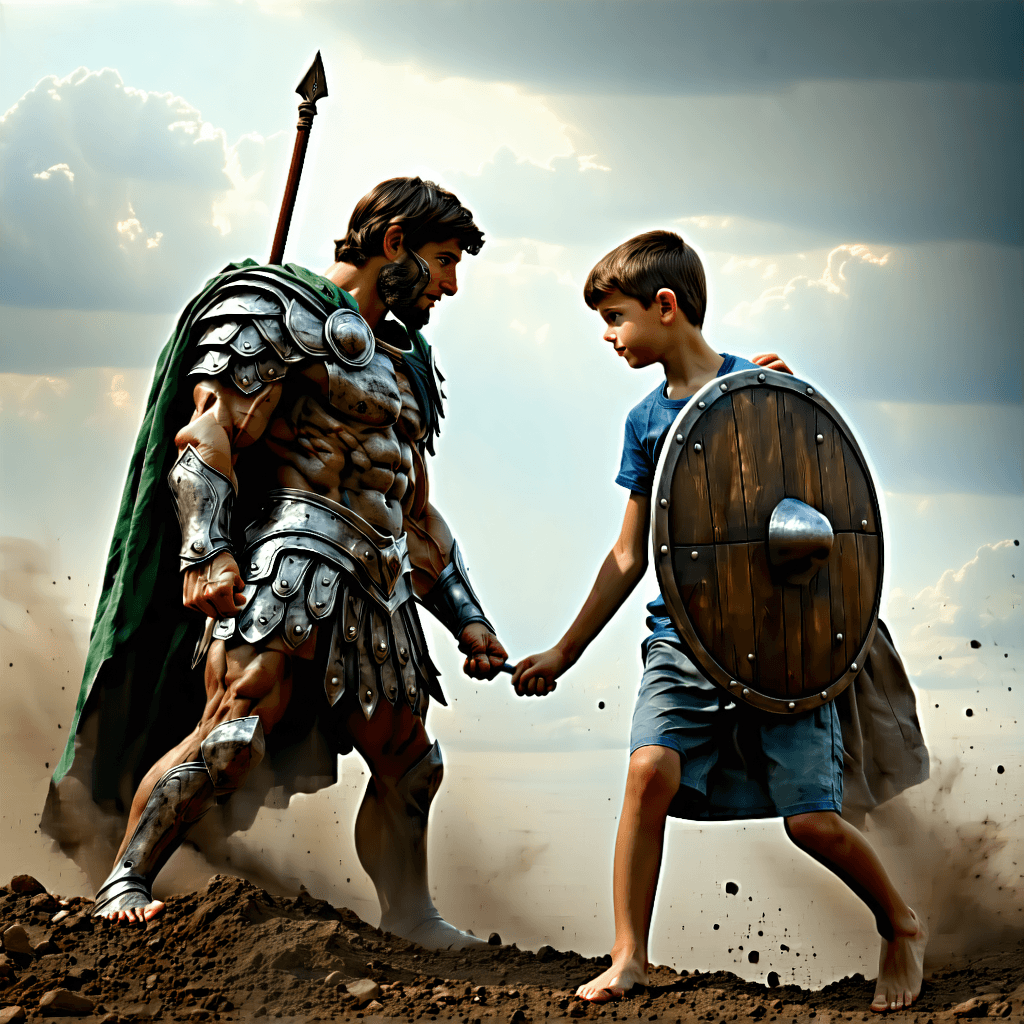 Create a photorealistic image capturing the epic moment of David and Goliath, inspired by Gustave Doré's artwork but reimagined with a realistic touch. The scene is set outdoors under soft natural lighting, emphasizing the earthy tones of the ancient battlefield. Goliath's skin is textured like stone, standing in stark contrast to David's youthful appearance. Both figures are caught in dynamic, mid-action poses, showcasing focused determination in their facial expressions. Goliath towers over David, illustrating the exaggerated size difference, with his armor reflecting the subtle light and speckled with rain droplets, adding a dramatic effect. The foreground highlights the symbolic sling and stone, poised for action. Shallow depth of field draws focus to the main subjects, while the background fades subtly, dotted with subtle dust particles in the air. The scene is rich in historical details, featuring ancient armor accurate to the period. The composition is cinematic, with a keen attention to scale, proportions, and atmospheric effects, creating a sense of immediacy and tension.