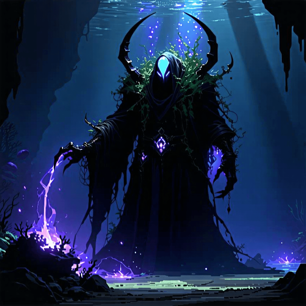 Imagine a scene deep beneath the ocean's surface, where the enigmatic Evil Overlord dances with grace, surrounded by the dark embrace of the underwater world. This overlord, towering and imposing, is adorned with seaweed and coral-inspired ornaments, embodying the sinister yet playful spirit of the deep. Glowing eyes and an aura emanate magic, casting a spellbinding light that illuminates the surrounding bioluminescent sea creatures. Two guardian octopi, their tentacles twisting in elegant motion, mirror the overlord's dance, creating a harmonious ballet of shadows and light. The scene is alive with dynamic diagonal composition, as rays of light filter through the water, highlighting the glowing runes and symbols that float in the space. The color palette is a rich tapestry of deep blues and purples, accentuating the mystical and otherworldly atmosphere. Bubbles and floating particles add to the underwater effect, making this magical dance under the sea a moment of powerful beauty and dark charm.