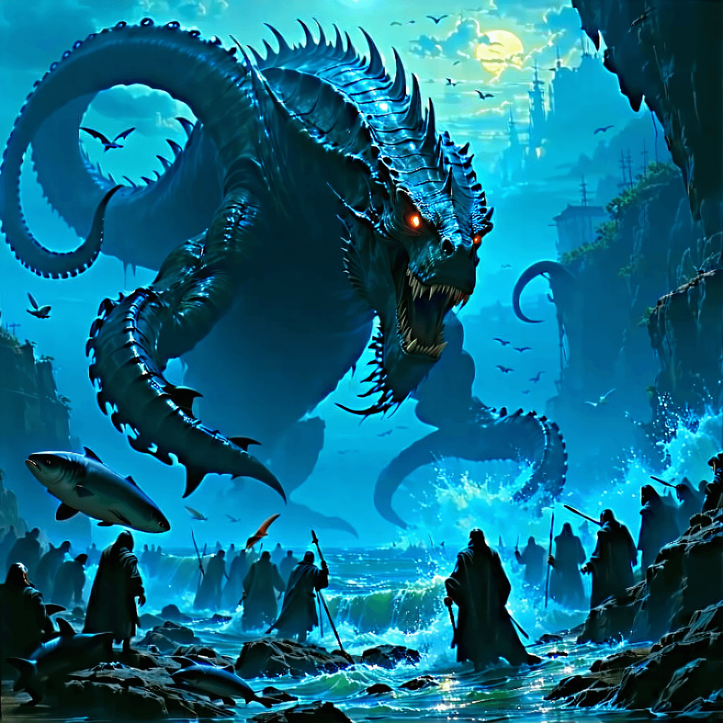Create a photorealistic, breathtaking image capturing a colossal undersea battle, teeming with all sea animals in a ferocious fight, with a majestic, ominous kraken looming in the background. The scene is illuminated by a mix of natural underwater lighting and mystical bioluminescent effects, highlighting the dynamic, textured scales of sea creatures against the kraken's massive form. The composition is charged with action and movement, featuring splashes, water trails, and creatures in mid-battle, showcasing the vast scale and depth of the ocean. Incorporate atmospheric effects like underwater haze and floating particles to add depth, while subtle clues of a backstory, such as wrecked ships or scattered treasures, enrich the narrative. Ensure a balanced composition where the foreground sea creatures are sharply focused against the hazier, imposing kraken silhouette in the background. The image should evoke a strong emotional impact, with wounded creatures adding a touch of empathy amidst the chaos. Aim for a cinematic composition in 8k resolution, with sharp focus, realistic textures, and a depth of field that enhances the dramatic undersea environment.