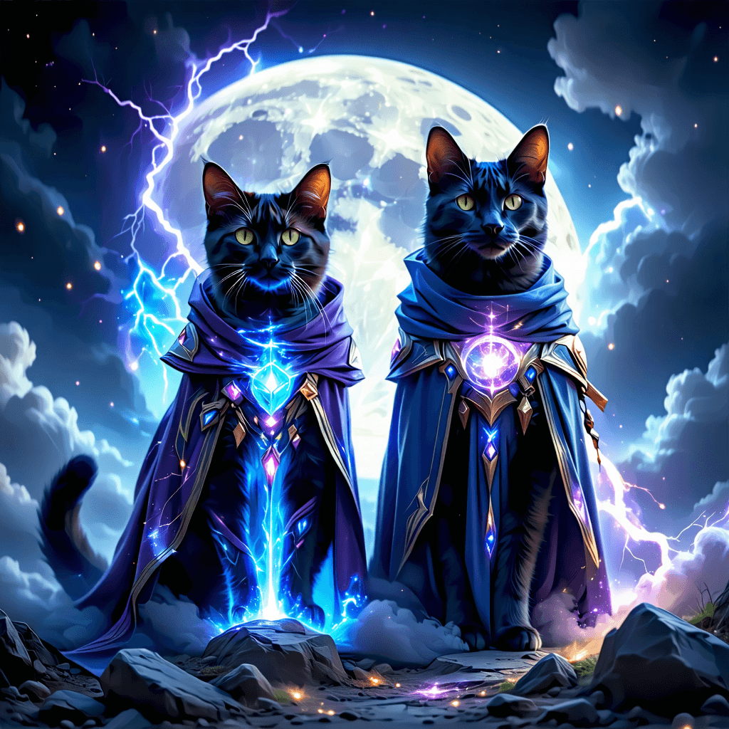 Envision a majestic scene where a heroin warrior cat and a lunar mage dog stand as celestial guardians against a backdrop of a multi-element storm, their dynamic poses exuding power and mystical energy. The cat, adorned with intricate tattoos that glow subtly, channels crackling lightning energy, while the dog, draped in iridescent, jewel-toned robes, summons swirling winds. Both creatures wear ornate armor that reflects the moon's glow, enhancing their mystical auras. The scene is set against a dimensional rift, pulsating with magical energies, under a moonlit sky that casts mystical shadows around. Their fur textures glisten with a magical sheen, as elemental energy flows through glyphs etched into the ground, showcasing a vivid clash of elemental forces foretold by an ancient prophecy. The composition is rich in color, with a focus on rich jewel tones and iridescent accents, bringing to life the narrative of these two guardians defending their realm.