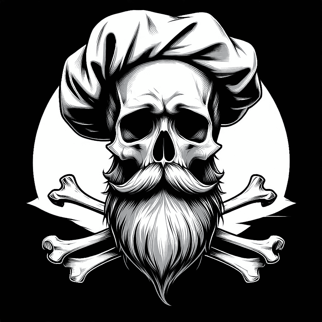 Bearded Skull and crossbones , wearing a chefs toque hat. Black and white