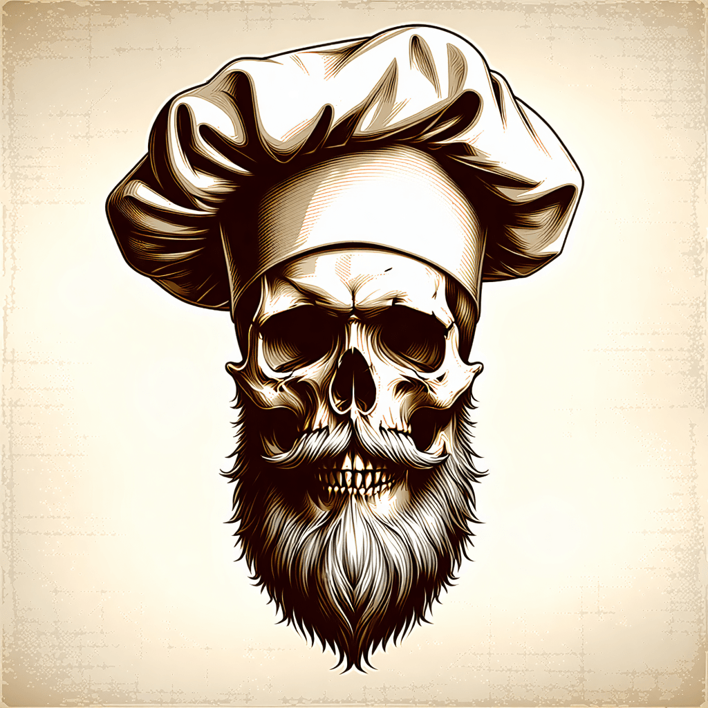 "Bearded skull and crossbones donning a chef's toque hat, in a vintage sepia tone"