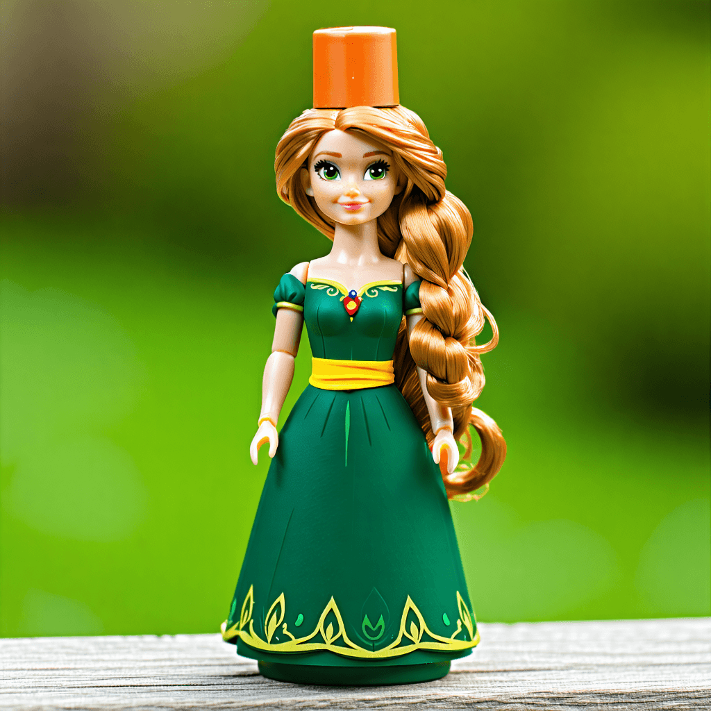 "Craft an image of a perfume bottle, Merida from Brave. It should include an orange hair cap and a flowing green dress with a yellow band