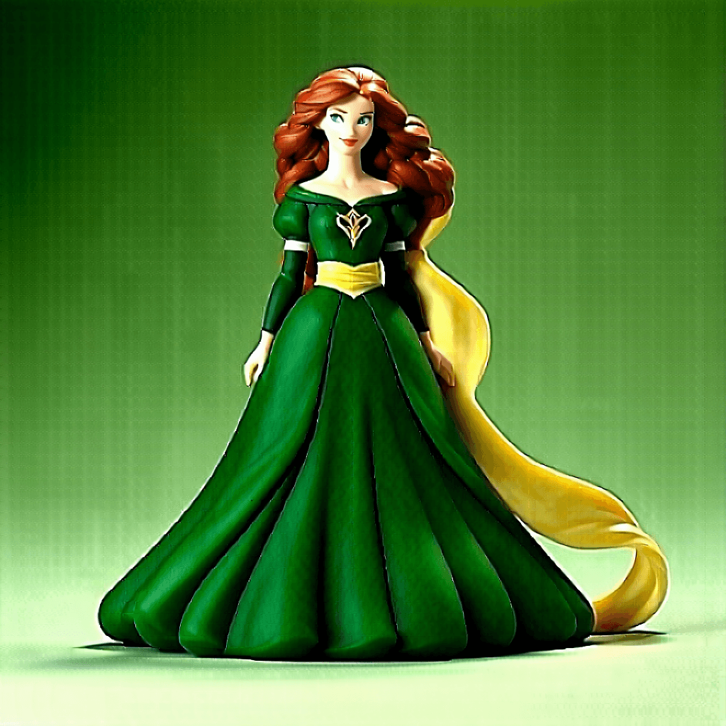 "Craft an image of a perfume bottle, reminiscent of Merida from Brave. It should include a flowing green dress with a yellow band. It should be sophisticated with a classy logo at the front. 