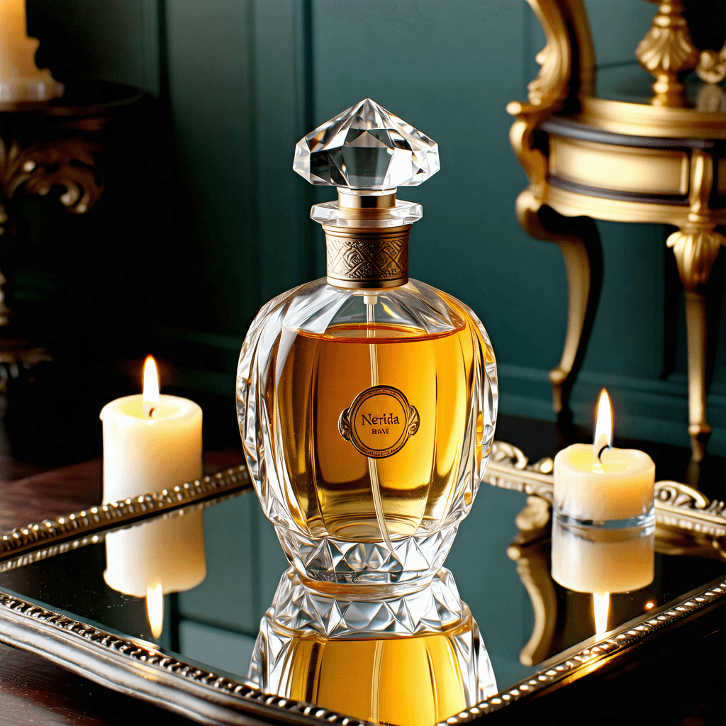 "Craft an image of a perfume bottle, reminiscent of Nerida from Brave, in a rustic and vintage style. The bottle, which is resting on an antique mirrored surface, should be photographed in great detail to emphasize its elaborate carvings. Use warm, candle-like lighting to underline its old-world charm, and place the logo in a way to make it stand out. The image should be perfectly balanced, making use of a color palette that contrasts the polished bottle against a rugged backdrop. From a