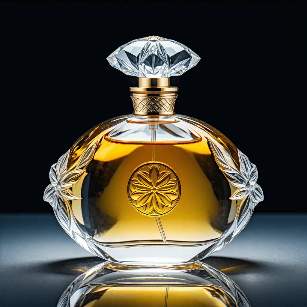 Create an elegant and luxurious product photo of a perfume bottle inspired by Nerida from Brave. The bottle, placed on a reflective surface, should be captured in a macro close-up to detail the intricate engravings. Utilize soft, diffused lighting to highlight its glamour, with a strategic placement of the logo for brand recognition. The composition should be symmetrical, showcasing a monochromatic color scheme that contrasts the smooth surface of the bottle against a textured background. From a bird's eye view, include floral accents and elements symbolizing bravery and courage, adding a subtle hint of Nerida's character in the background for a personal touch. The overall mood should reflect elegance and luxury, emphasizing a sleek and modern look.