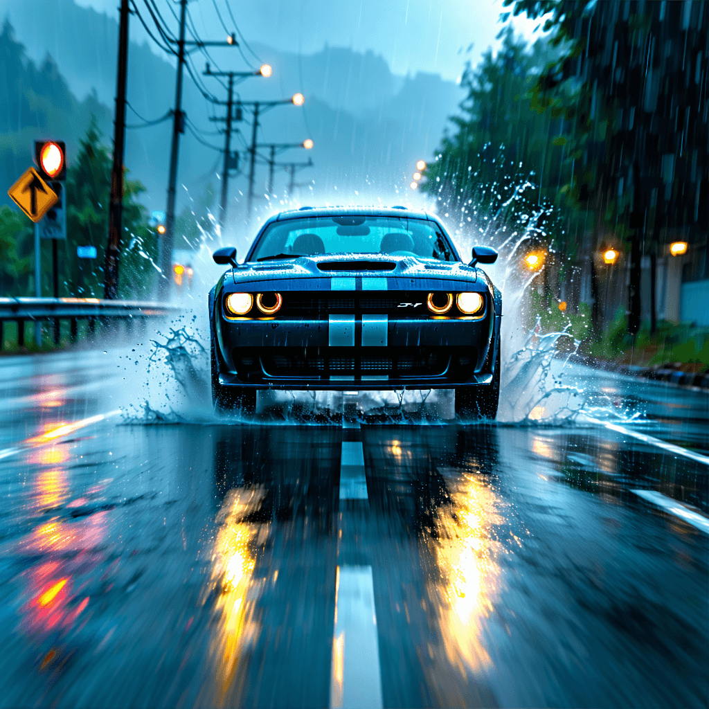 Create a striking hero-banner capturing a heart-stopping moment on a rain-slicked road. In the center, a kid with vibrant blue hair is caught in a mid-air jump, eyes wide with fear and shock, as a dark, menacing AU Falcon races towards them, its speed accentuated by motion blur and speed lines that slice through the cool-toned scene. The car's realistic textures and the road's wet asphalt glimmer under the streetlights, creating a sharp contrast against the child's bright hair. This scene is tilted, adding a chaotic urgency through a dynamic composition, while a fisheye lens effect distorts the edges, pulling the viewer into the action. Scattered around are broken toys, symbolizing lost innocence amidst this frozen moment of impending impact. The kid's unique style, combined with the dramatic color grading and detailed textures, crafts a narrative of suspense and intrigue, showcasing a poignant story of danger and the fragility of youth.