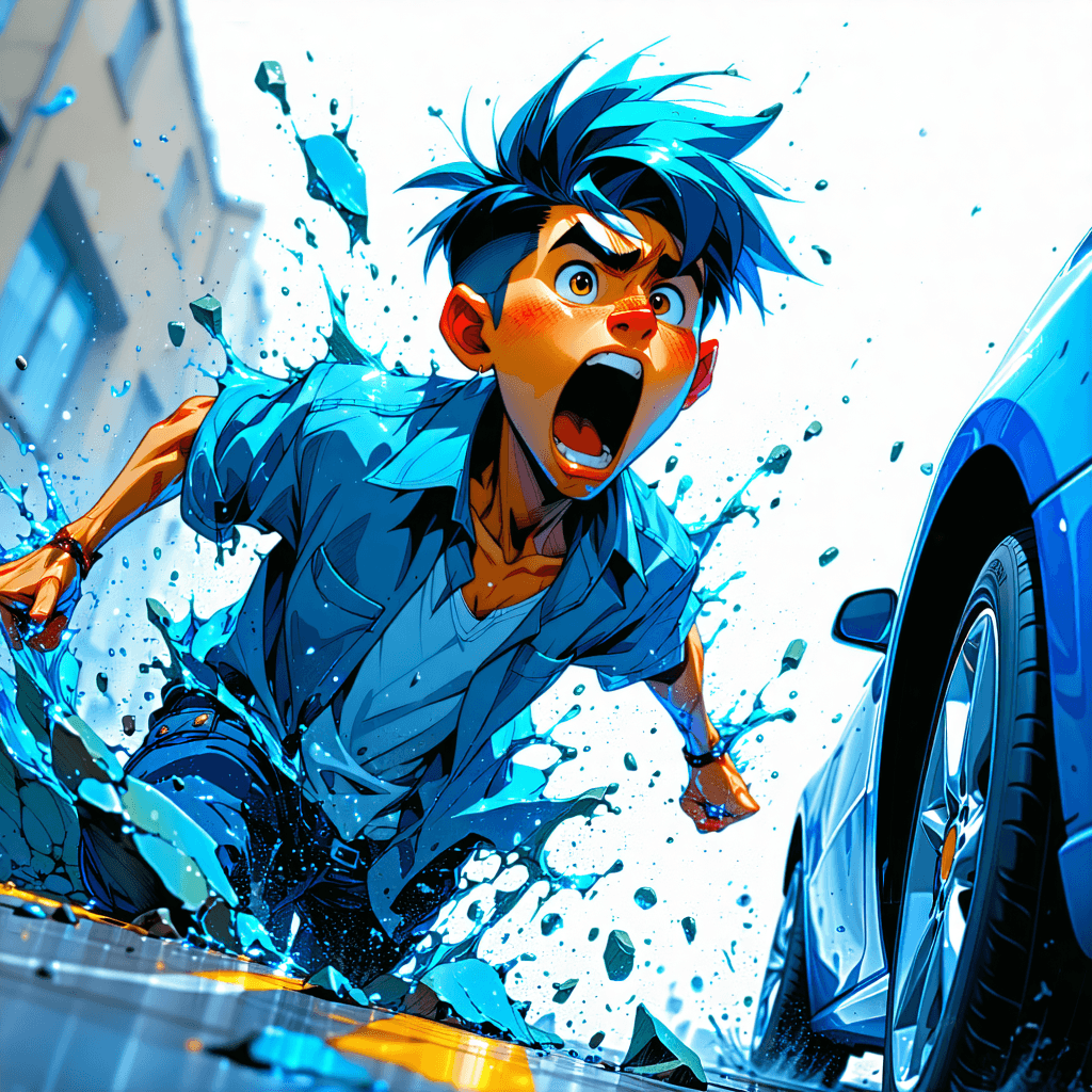 Envision a scene that captures a moment of heightened drama and urgency, centered around a young character named Jordan Heyman. Jordan, with his signature vibrant blue hair, is depicted in a dynamic, exaggerated pose, screaming for help. This distressing moment unfolds as he is about to be run over by a car. The image should pulsate with vibrant colors, contrasting sharply against the concrete texture of the urban environment. Employ ink lines and halftone effects to add a unique visual style, enhancing the character’s expressive nature and the scene's overall dynamism. To accentuate the motion and the immediacy of the moment, integrate speed lines, motion blur, and use forced perspective to draw the viewer's eye directly to Jordan. The lighting should be dramatic, casting stark shadows and highlights that emphasize the emotional intensity and the texture of the scene. A cityscape silhouette serves as the background, adding depth and context to the narrative. Additionally, include a broken watch either in Jordan's possession or lying nearby, symbolizing the tragic halt of time in this perilous moment. The entire composition should be imbued with a sense of urgency and movement, using blurry motion effects to convey the speed and chaos of the unfolding event.