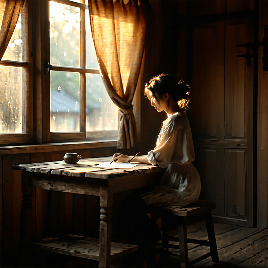 Create a photorealistic, 8k resolution image capturing a serene, intimate moment inside a warmly lit, rustic room. From an over-the-shoulder perspective, focus on a person seen in reflection, gazing thoughtfully at a handwritten note resting on a weathered wooden table illuminated by soft, natural lighting. The room is filled with subtle movements, like flowing curtains gently swaying. Highlight the texture of the weathered wood grain and the soft dust particles floating in the warm-toned air, enhancing the depth and authenticity of the scene. Shadows are cast delicately, adding to the depth and perspective, with a shallow depth of field that centers our attention on the person and the note, while reflections in a nearby mirror add a layer of complexity and connection to the human element.