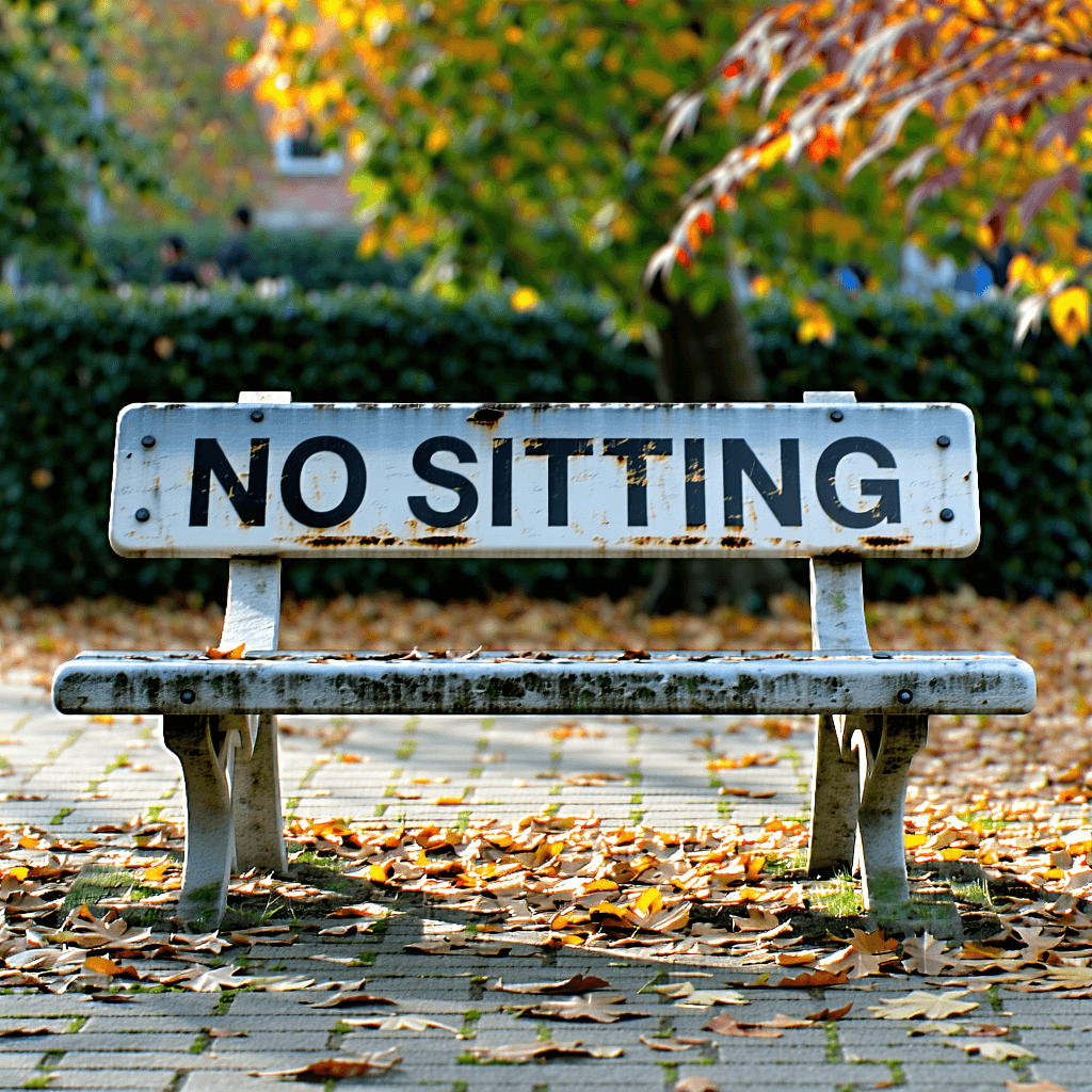 Create a photorealistic image capturing an empty bench with a weathered 'No Sitting' sign, positioned in a serene park setting. The scene is bathed in soft natural lighting, highlighting the intricate textures of weathered concrete and the subtle, earthy tones of the surrounding. A shallow depth of field brings the bench and sign into sharp focus against a softly blurred background, while soft diffused shadows and a mirrored surface nearby add depth and realism. The ground is adorned with scattered leaves, and the air carries a subtle misty atmosphere, enhancing the mood. The composition is from a low angle perspective, giving the scene a unique, immersive feel. The image should embody a professional photography quality, with 8k resolution, emphasizing the cinematic composition and the realistic details that make the scene come alive.