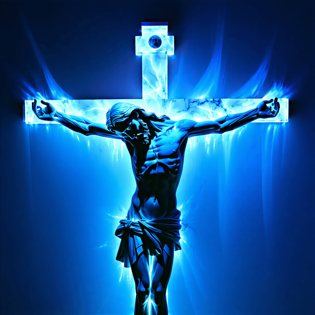 Create a surreal work of art featuring Jesus on the crucifix, bathed in a soft, ethereal bioluminescent glow that casts an otherworldly light across the scene. His limbs are gracefully elongated, adding a touch of the fantastical to his form. Surrounding him, celestial bodies dot the sky, their arrangement hinting at deeper, hidden meanings. The crucifix itself boasts a marble texture, its surface intertwined with vines, blurring the lines between the man-made and the natural. A fish-eye lens effect introduces a captivating distortion, drawing the viewer into this dreamlike tableau. Time itself seems to unravel within this space, with clock faces melting and floating aimlessly, their hands ticking towards eternity. Magical glowing orbs hover around Jesus, enhancing the mystical atmosphere, while tears of light stream down his face, a poignant symbol of sorrow and transcendence. The entire composition is enveloped in pastel tones, lending a gentle, calming quality to the surreal landscape.