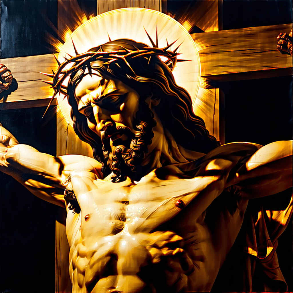 Craft a portrait-art depicting a realistic Jesus on the cross, capturing a moment of profound sorrow. Utilize soft Rembrandt lighting to highlight the ethereal glow surrounding Him, emphasizing the warm earth tones that dominate the scene. The composition should adhere to the Golden Ratio, drawing the viewer's eye towards Jesus's sorrowful expression and the symbolic crown of thorns resting upon His head. From a low angle perspective, showcase the weathered texture of the wood, with meticulous attention to the grain details, creating a sense of depth and realism. The background should feature a subtle divine light that suggests a celestial presence, with a shallow depth of field to keep the focus intensely on Jesus and the cross. The mood is to be ethereal, with Jesus's arms outstretched, inviting a contemplation of sacrifice and redemption.