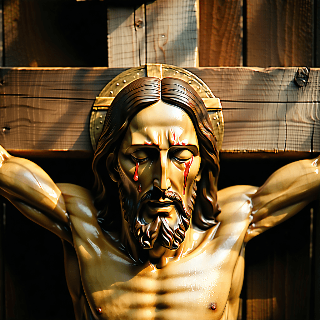 Craft a photorealistic image capturing a full-sized Jesus on the cross, centered in a symmetrical composition. From a bird's eye view, illuminate the scene with soft, diffused lighting originating from the top-left corner, enhancing the dramatic, contrast-filled emotion on Jesus' face. Focus closely on his face to reveal the pain and sorrow, his eyes shut with subtle tears trickling down, amidst a shallow depth of field that blurs the background into a subtle haze. The wooden cross should display a detailed grain texture, embodying the harsh reality of the moment. Surround the scene with earth tones and warm highlights, incorporating a natural color palette. A subtle halo of light should frame his head, adding a symbolic layer to the composition. In the blurred background, include a dove flying, symbolizing peace amidst the turmoil. Emphasize realistic textures and cinematic composition, aiming for 8k resolution to capture the profound emotional and atmospheric depth of the scene.