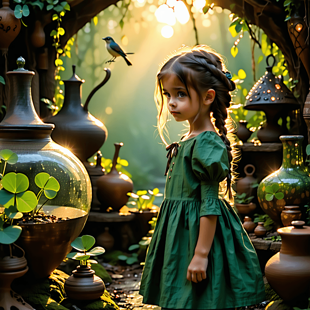 Craft a photorealistic image capturing the essence of Clover Elkin, a young girl living in the mystical border town of Salamander Lake, during the enchanting golden hour. The composition adheres to the rule of thirds, placing Clover off-center, her curious gaze drawn to an array of Oddities, magical objects her father has forbidden yet fascinate her. The scene is bathed in earthy tones, with the light casting a warm, golden glow that highlights the intricate textures of Clover's clothing and the subtle, glowing effects of the Oddities. A shallow depth of field blurs the background, focusing our attention on Clover, especially the curiosity shining in her eyes and the symbolic necklace she wears. Around her, the environment is alive with symbolic salamander motifs and subtle mist, enhancing the atmosphere. Beside her, a sketchbook filled with her drawings adds a personal touch. The contrast between warm sunlight and the cool shadows of the surrounding nature dramatizes the scene, further enriched by reflections in the water, hinting at a world beyond. Subtle magic permeates the air, with objects floating around Clover, hinting at the unseen forces at play in Salamander Lake.