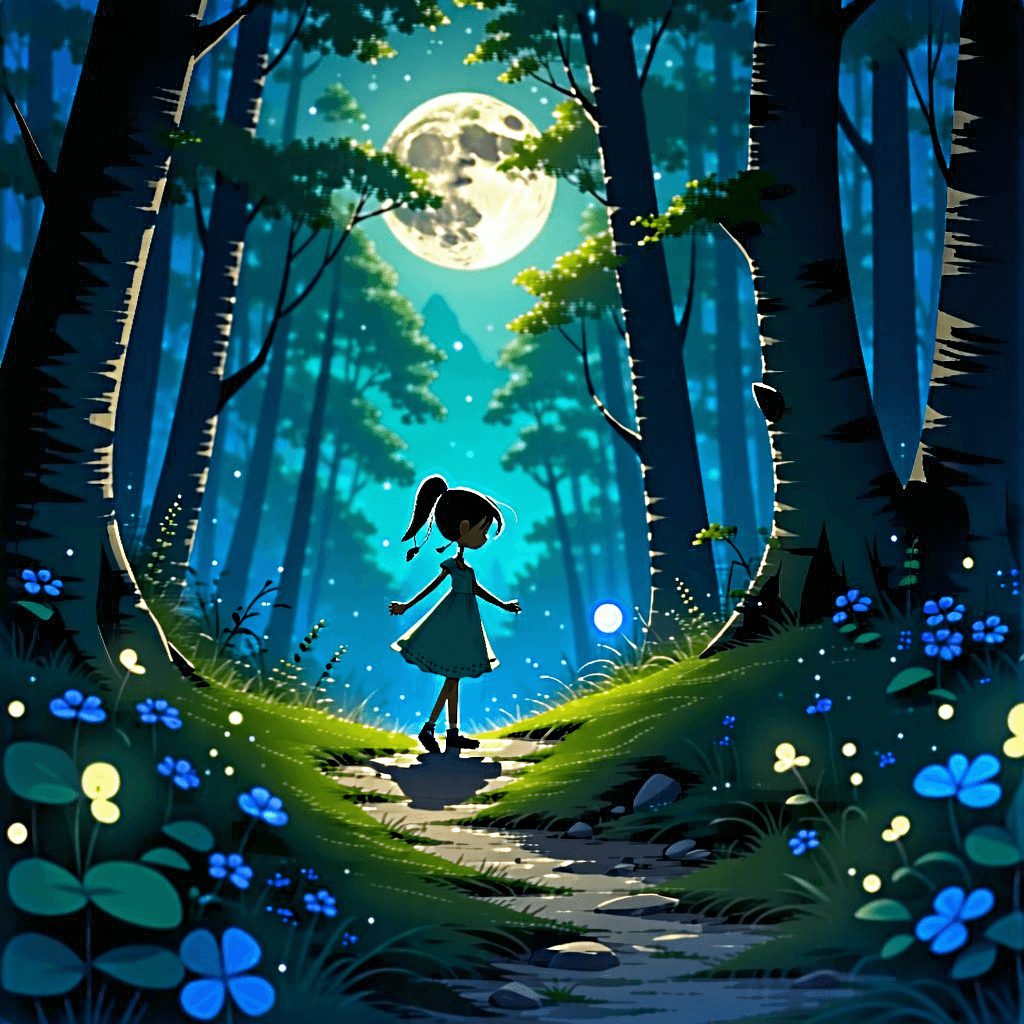 Envision a story illustration capturing the essence of Clover Elkin, a young girl living with her doctor father in the mystical border town of Salamander Lake. Immersed in an enchanted forest, the setting exudes a serene yet mysterious allure, with curved paths winding through woods aglow under soft moonlight. Clover, depicted in mid-stride, embodies curiosity and determination as she discovers a glowing crystal orb, one of the forbidden Oddities her father warned her about. The orb floats, surrounded by other levitating oddities, each intricately detailed with engraved runes. The color palette is dominated by mystical blues and greens, enhancing the magical feel. Emphasize Clover's dilemma through her expressive eyes, caught between wonder and caution. Incorporate subtle serpent motifs in the background, foreshadowing unseen threats, and frame the scene as viewed from the window of Clover's room, adding a layer of narrative depth. The mood is narrative, expressive, detailed, and engaging, inviting the viewer into Clover's enchanted world.