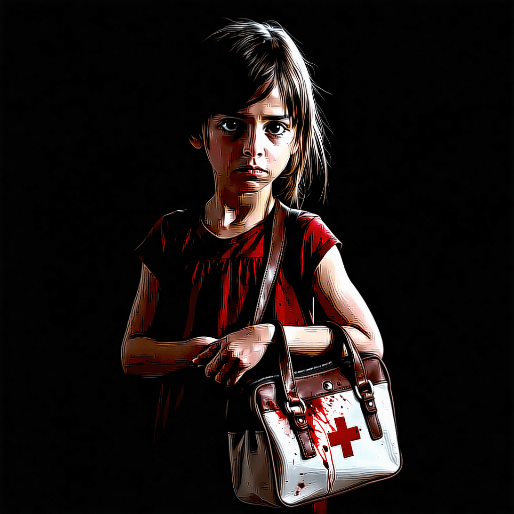 Create a photorealistic 8k resolution image capturing a pivotal moment: Clover, her eyes wide with a mix of fear and resolve, has just been entrusted with her father's medical bag and a secret, moments after his tragic demise by bandits. The scene is set under harsh, directional lighting coming from one side, illuminating her torn and bloodstained clothing and the rough texture of the medical bag she clutches tightly. A dynamic diagonal composition leads the viewer's eye through the scene, framed by foreground elements that enhance depth. The high-contrast black and white color palette intensifies the mood, augmented by heavy rain and stormy skies that fill the background. Dramatic motion blur suggests Clover's swift movement, her urgency palpable. In the shadowy background, a menacing figure looms, symbolizing the imminent danger, while overhead, ravens circle ominously. This image blends professional photography standards with cinematic composition, focusing on realistic textures, sharp focus, and a natural lighting approach to convey a story of desperation and determination.