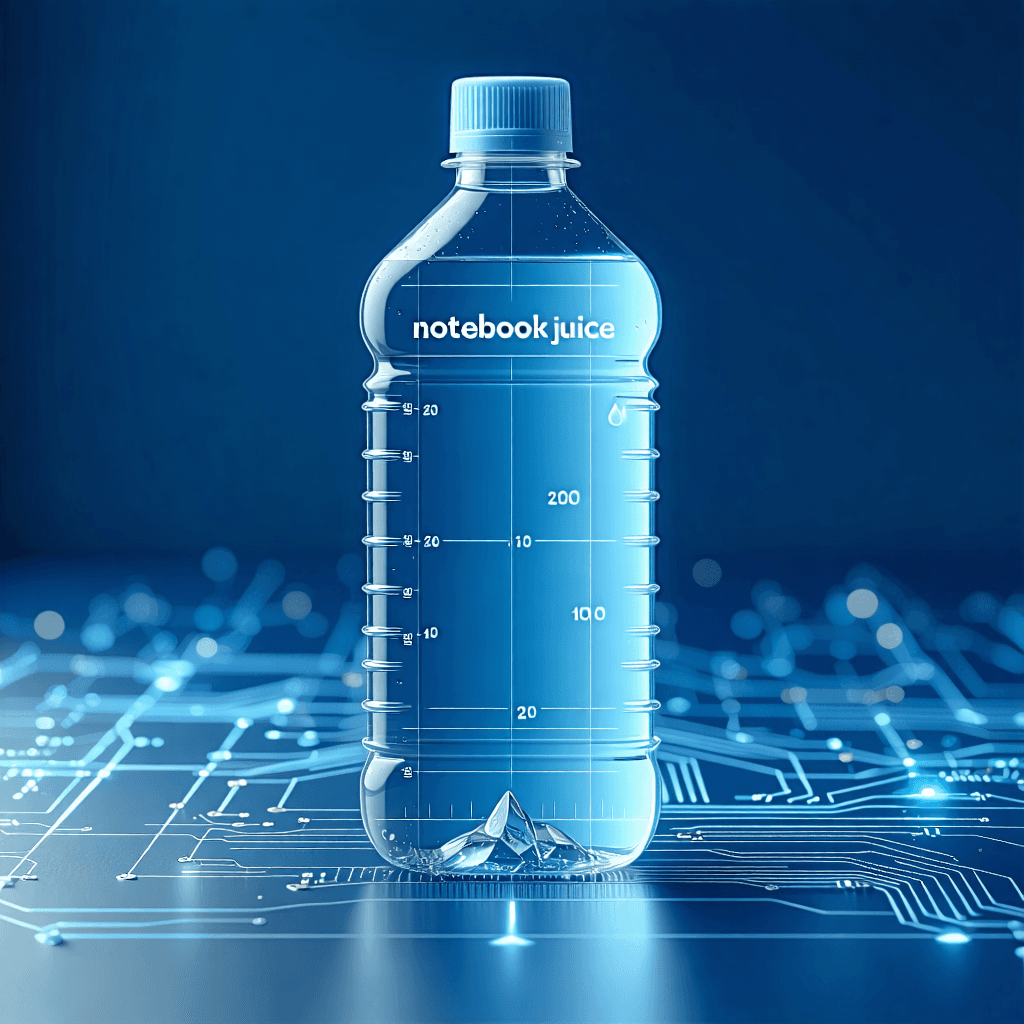 Create a sophisticated product photo featuring a flat notebook like water bottle designed to contain 290ml of Apple juice, branded as 'Notebook Juice'. This bottle should be captured in a blueprint form, showcasing its unique flatness with sharp contrast and detailed measurements and numbers adding a technical blueprint feel. Include a close-up perspective that highlights the Apple juice within, ensuring the brand name 'Notebook Juice' subtly reflects on the bottle's surface. The background should incorporate digital circuit patterns, embodying a tech-inspired theme, while experimenting with various angles to discover the most dynamic and engaging composition. The overall image should be professional, clean, and detailed, emphasizing the product's innovative design.