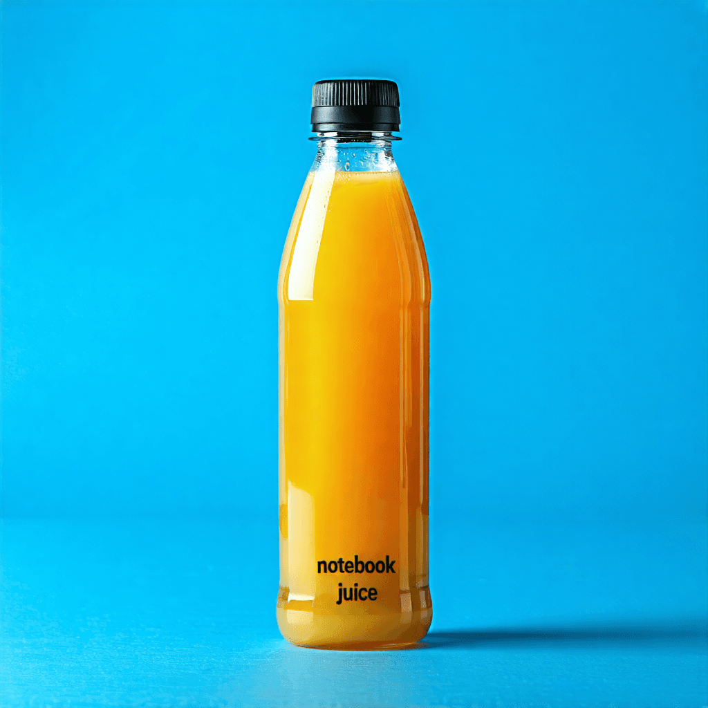 Present a professional, polished photograph featuring a sleek, flat notebook-style water bottle ingeniously engineered to carry 290ml of invigorating Apple juice, emblazoned with the signature 'Notebook Juice' branding. Detail this visionary product in a tech-savvy blueprint format, emphasizing its trademark thinness with striking contrasts and meticulously presented measurements and numeric details that imbue an authentic architectural blueprint ambiance. Make sure to capture an intimate close-up that accentuates the tantalizing Apple juice encased within, subtly reflecting the 'Notebook Juice' brand name on the bottle's smooth surface. Envelop the scene with a futuristic, digital circuit pattern backdrop that embodies a tech-inspired aesthetic, and creatively experiment with various camera angles to unearth the most dynamic, captivating composition. The final image should radiate professionalism, clarity, and precision, with an unwavering focus on the product's innovative design concept.
