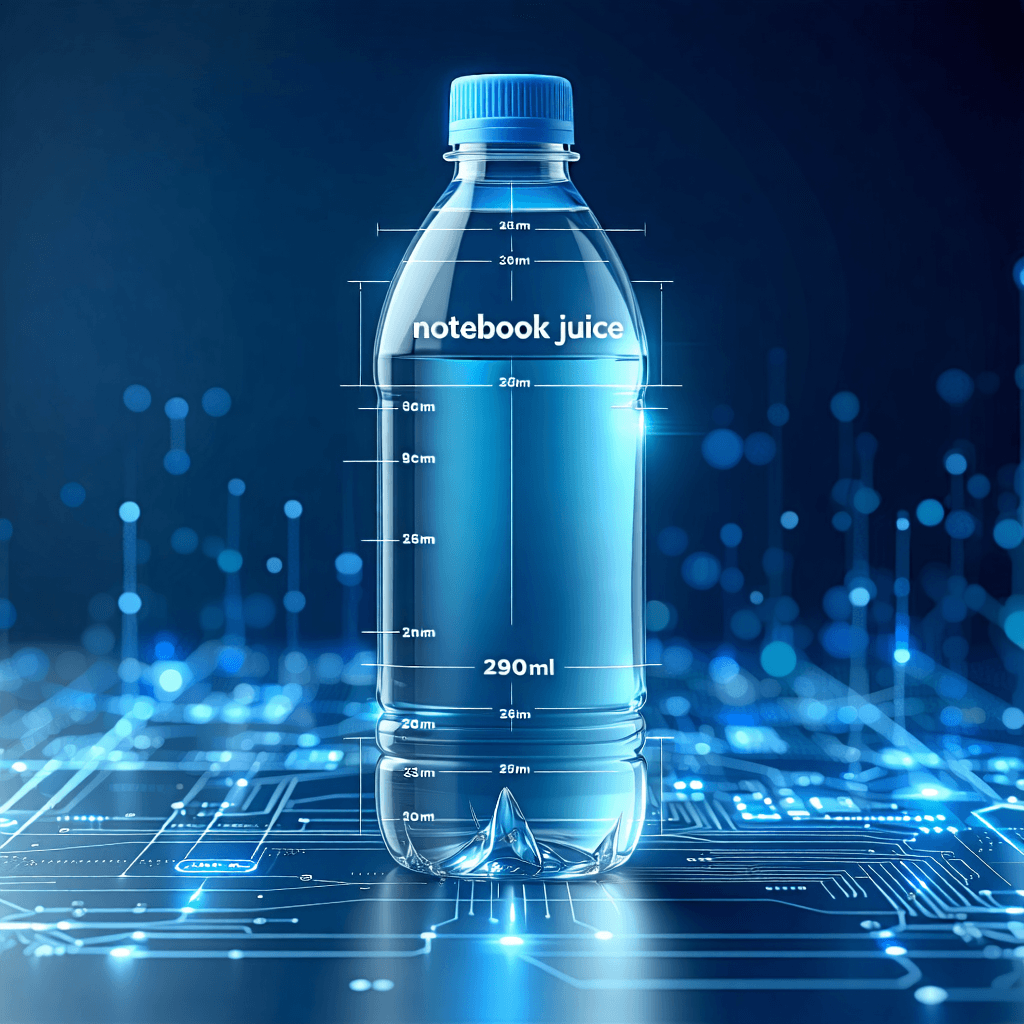 Create a sophisticated product photo featuring a flat water bottle designed to contain 290ml of Apple juice, branded as 'Notebook Juice'. This bottle should be captured in a blueprint form, showcasing its unique flatness with sharp contrast and detailed measurements and numbers adding a technical blueprint feel. Include a close-up perspective that highlights the Apple juice within, ensuring the brand name 'Notebook Juice' subtly reflects on the bottle's surface. The background should incorporate digital circuit patterns, embodying a tech-inspired theme, while experimenting with various angles to discover the most dynamic and engaging composition. The overall image should be professional, clean, and detailed, emphasizing the product's innovative design.