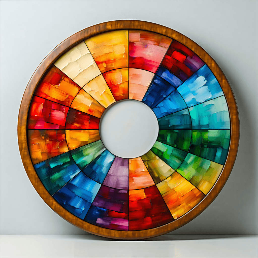 Craft a photorealistic image inspired by a color wheel, drawing from a high-resolution reference. Employ color sampling to ensure color accuracy that mirrors the original. The scene is illuminated by soft ambient lighting, enhancing the visual appeal with a dynamic angle to add depth and interest. Material textures should be vividly mapped, achieving lifelike quality. Incorporate subtle mirror reflections and environmental reflections to add realism and depth. Adjust color grading to perfect the balance, set against a neutral backdrop to avoid distraction. The composition should favor selective focus, highlighting the main subject while smoothly transitioning through color gradients. Aim for an 8k resolution, capturing every detail with sharp focus, realistic textures, and a depth of field that pulls the viewer into the scene. The overall mood should be professional, akin to cinematic composition, ensuring a visually compelling image that stands out for its clarity and detail.