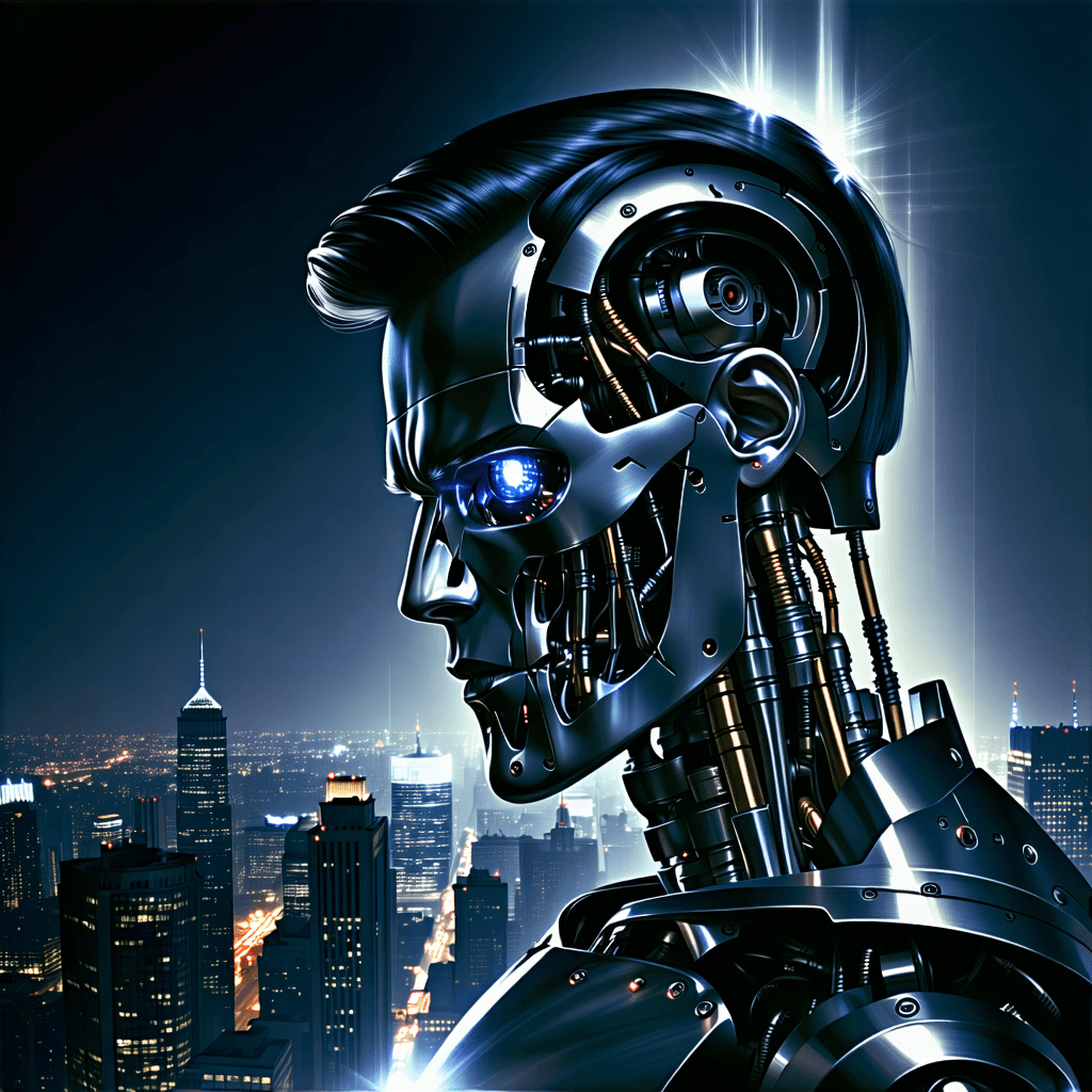 Envision a captivating poster featuring a terminator, poised and facing forward, with an intriguing duality - one side of its face human, the other a metallic visage of its robotic nature. This portrayal should be under a dramatic spotlight from above, highlighting the contrast and blending of human and terminator features through sophisticated digital morphing techniques. The backdrop is a futuristic cityscape, suggesting a narrative of conflict and coexistence. The color scheme focuses on deep blacks and metallic silvers, enhancing the subject's dual nature. On the terminator's metallic side, overlay bold, readable typography that feels integrated with its form. The composition should be dynamic, with a diagonal orientation adding a sense of movement and urgency. Apply metallic textures to the robotic side for a tactile feel, and incorporate circuit patterns subtly within the design to add depth and symbolism. Digital distortion effects around the terminator add a glitchy, unsettling aesthetic, while the focus on the terminator's eyes, especially within the human half, should convey a deep emotion and intensity. The poster's vertical orientation will lend itself to a dramatic and professional portrayal, resonant with themes of futurism and identity.