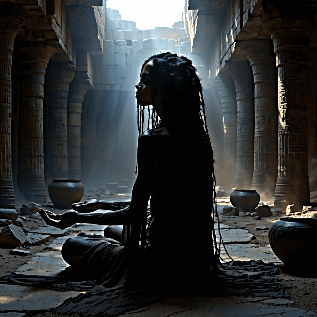 "Picture an image of distressing allure and dread, rendered in ultra-high-definition 8k resolution photography. Seated in the center of an ancient crypt, enveloped by a hazy aura, a frail woman with inky black hair that flows down her back, each strand etching a story of light and shadow under dim, diffused illumination from above. Her hands are outstretched as if beckoning, casting soft, mysterious shadows that add to the scene's low contrast. Her haunting