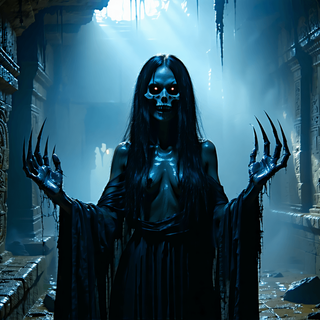 Envision a scene of chilling beauty and terror, captured with the precision of 8k resolution photography. At the heart of an underground tomb, shrouded in subtle mist, stands a gaunt lady with dark black hair cascading down her shoulders, strands detailed with shine and shadow under harsh, directional lighting from above. Her hands are raised like menacing claws, casting sharp, elongated shadows that contribute to the scene's high contrast. Her intense eyes, the focal point of this composition, pierce through the gloom with a grimace of anger, bared teeth, and narrowed eyes, illuminated to reveal every intricate detail. She crouches in a dynamic, diagonal stance that adds to the composition's tension. Behind her, a cracked mirror reflects a distorted image of her form, enhancing the scene's eerie symbolism. The shallow depth of field blurs the tomb's background details, focusing attention on her expressive pose and the atmospheric fog that envelops her, creating a photorealistic image that balances the horror theme with cinematic composition and realistic textures.