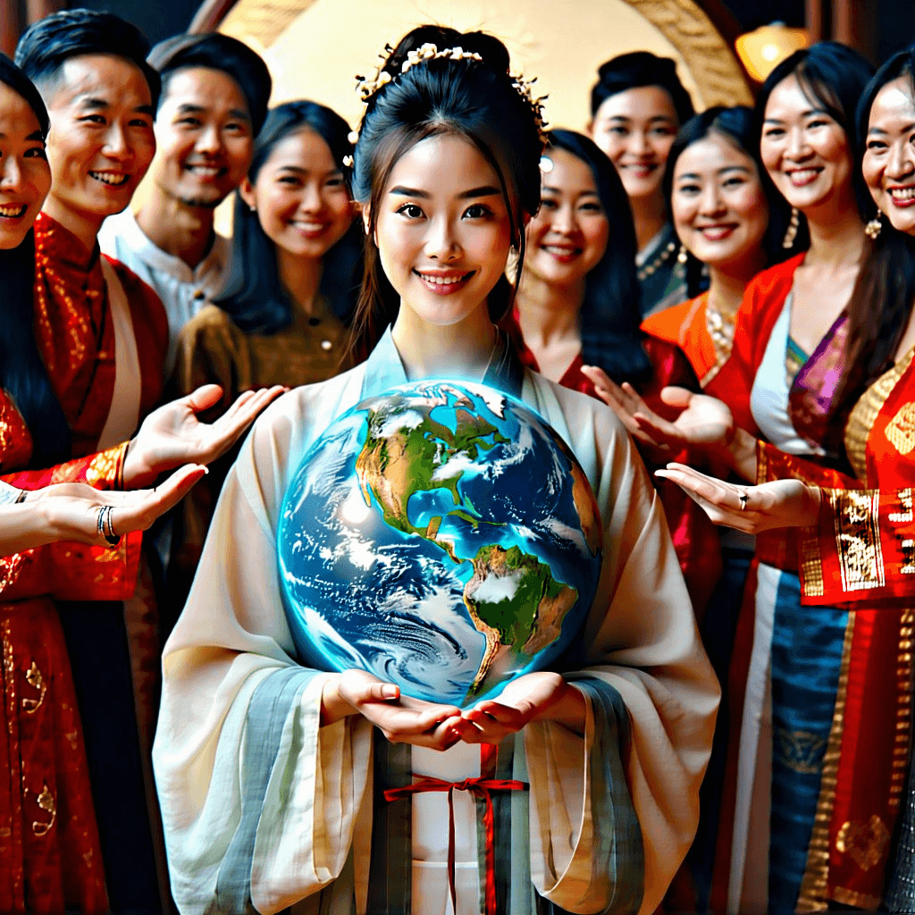 Create a photorealistic image capturing an elegant Asian woman gracefully holding a subtly glowing earth globe in her hands, standing at the center of a circle formed by a diverse group of people from various countries, each adorned in their intricate national dress. The scene is bathed in soft ambient lighting, highlighting high-resolution skin textures and the delicate, expressive smiles on everyone's faces. The composition is circular, enhancing the sense of global connection, with each individual displaying hand gestures that signify cultural exchange. In the background, subtle textures fill the space, complemented by a warm color palette. The scene's depth of field is shallow, focusing attention on the main subject and her immediate surroundings while adding a cinematic quality. Cultural hairstyles and accessories are visible, adding to the authenticity of the portrayal. Subtle vignetting post-processing effect gently focuses the viewer's attention towards the center. The overall mood is one of unity and peace, depicted in a style that mirrors professional photography with 8k resolution, sharp focus, and realistic textures.