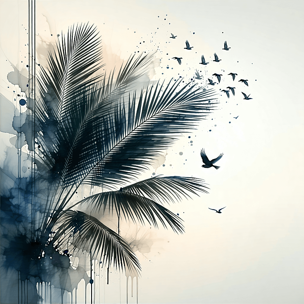 Envision a serene and elegant transformation where a palm leaf gracefully morphs into bird wings, captured in the timeless style of monochromatic black ink. Employ varying line weights to bring depth and dimension, while cross-hatching adds a rich texture, simulating the intricate details of feathers. The composition unfolds diagonally, guiding the eye through an evolving story of fluttering motion and transformation. Integrate subtle fashion elements with accessories accents, adding a stylish flair to this abstract representation. Emphasize movement with feather-like strokes and achieve a dramatic effect through the interplay of light and shadow, enhancing the textural contrast. Opt for a minimalistic background to keep the focus on the main subject, with a depth of field that highlights the central transformation. Incorporate geometric abstraction to add a layer of complexity, symbolizing the seamless transition between states of being. This design should not only capture the essence of fashion-forward thinking but also embody a sense of evolving elegance.
