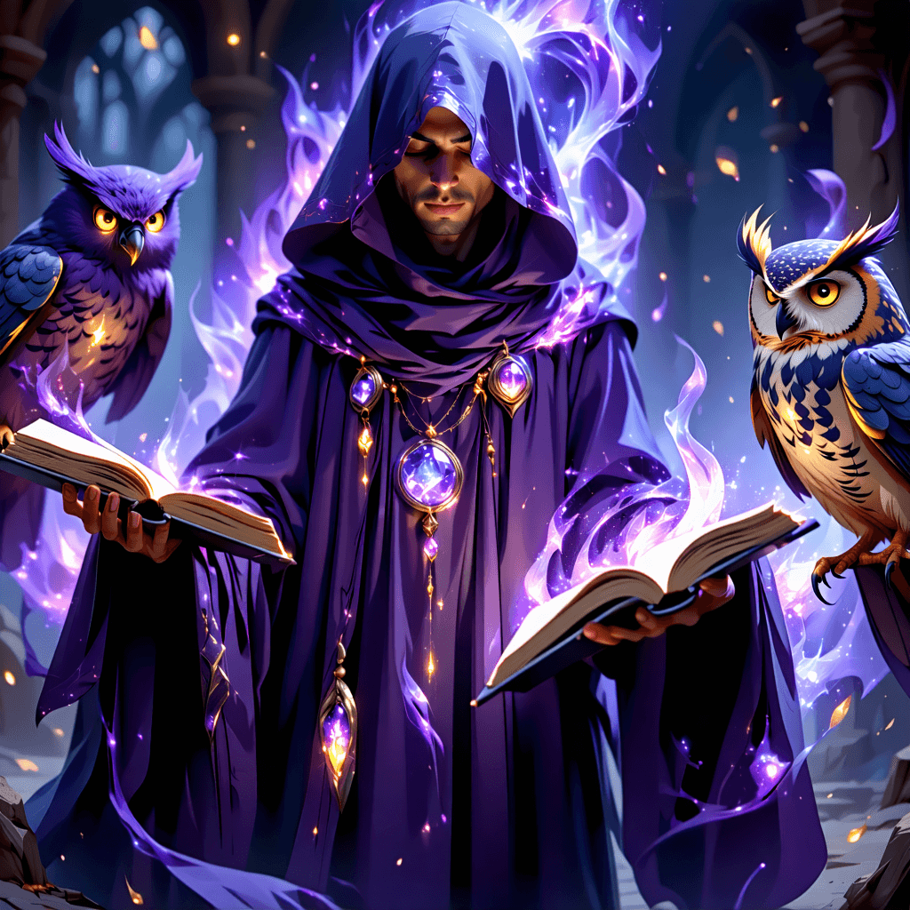 Envision a character design for writing wizards, draped in flame-shaped robes that dance with the rich jewel tones of deep purples, emerald greens, and royal blues. These wizards are levitating, surrounded by swirling magic and soft, radiant auras, highlighting their unique connection to the arcane. Their glowing eyes, adorned with intricate magical patterns, peer wisely into the distance. In their hands, ornate quills with glowing tips seem to come alive, channeling various types of magic. Ancient glyphs tattooed on their skin and intricate runic inscriptions on their attire speak of ancient wisdom. Accompanied by owl familiars with wise expressions, they interact with whimsical, self-refilling magical ink bottles and parchment scrolls that unfurl with unfolding tales. The scene is vibrant, detailed, and expressive, showcasing the wizards' dynamic poses and the elemental motifs of their powers.