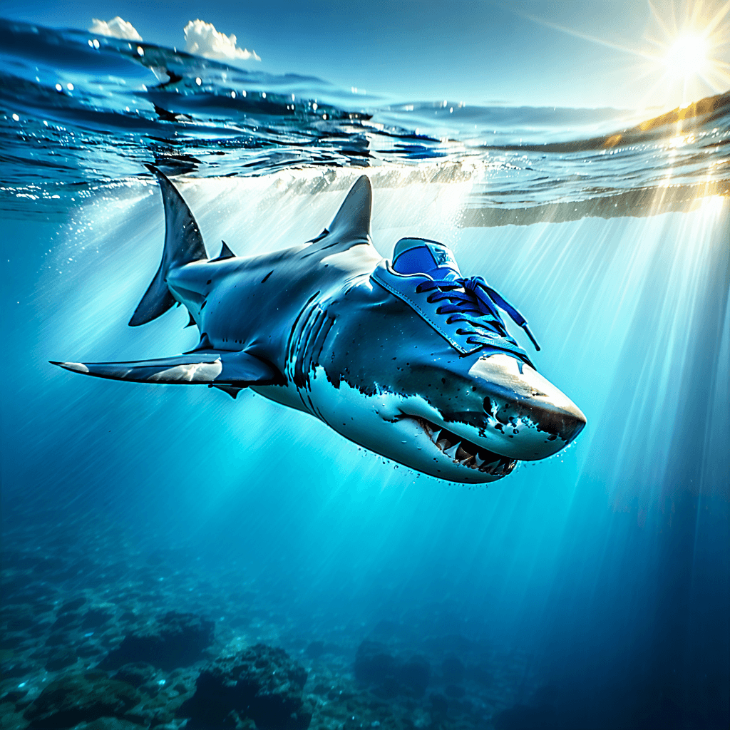 Craft an image of a fearsome great white shark, gliding effortlessly through the sun-dappled sea, adorned with a whimsical pair of cobalt-blue sneakers.