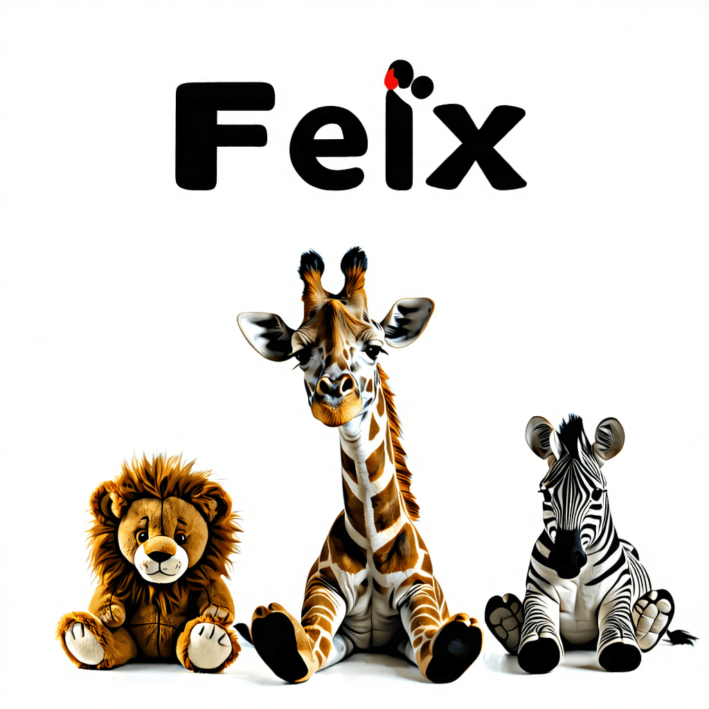 This is an image for a baby picture. Create just the name Felix by interacting with the letters in the baby pictures of a lion, a teddy bear, a giraffe, an elephant, and a zebra.
 