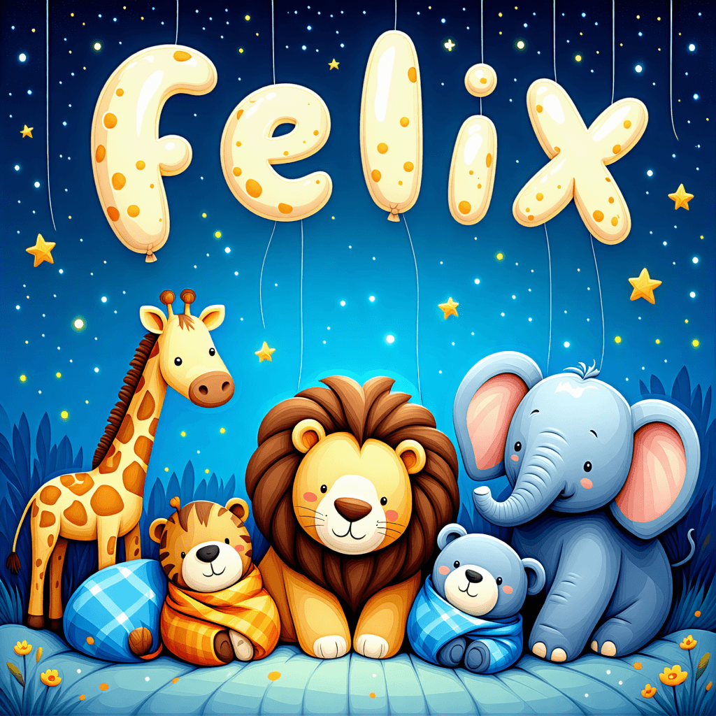 "Craft a serene bedtime story illustration featuring the name 'Felix' in gentle, moonlit balloon letters, quietly floating in the night sky. Surround Felix with an enchanting congregation of animals - a giraffe, lion, elephant, and bear, each swaddled in soft blanket wraps for an added touch of tranquility. These animals should bear content expressions, partaking in a calm nighttime journey through the wilderness under a blanket of twinkling stars, radiating a feeling of peace and tranquility