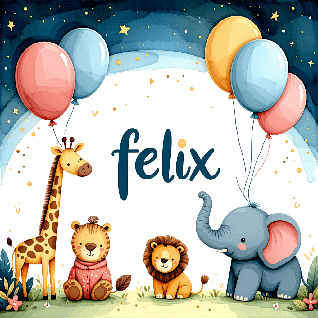 Create a heartwarming story illustration featuring the name 'Felix' in soft, pastel-colored circle balloon letters, floating gently in the air. Surround Felix with a whimsical assembly of animals - a giraffe, lion, elephant, and bear, each adorned in soft blanket wraps that add a layer of coziness. These animals should display silly expressions, engaging in a playful safari adventure under a starry sky background, hinting at a sense of wonder and exploration. Incorporate a dreamy rainbow arch, symbolizing hope and joy, against a backdrop of warm sunlight that bathes the scene in a comforting glow. The composition should play with texture variations, contrasting the smoothness of the balloons with the fluffy textures of the animal friends, further enhancing the image's softness and cuteness. This illustration should convey a cozy, adventurous atmosphere, perfect for sparking joy and curiosity in any infant's heart.