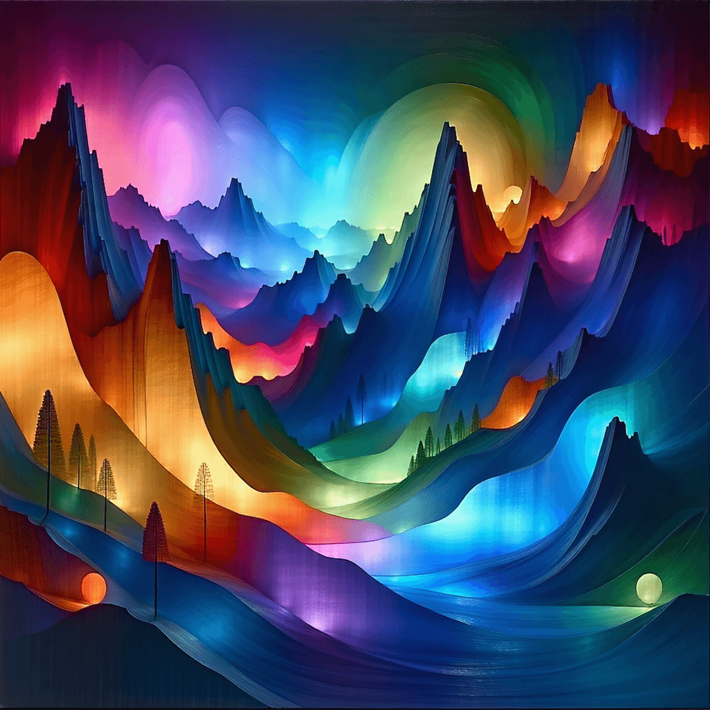 Craft an abstract masterpiece inspired by the belief in music's transformative power, akin to a spiritual experience for some. Envision a vividly dynamic scene where bold colors and neon accents come alive, embodying the essence of music and its rhythm. Integrate fluid, organic shapes that contrast with sharp angles, creating a visual symphony of contrast and balance. Layer smooth gradients against rough textures to evoke a tactile sensation, while playing with dramatic light and shadow to sculpt depth and emotion. Embed abstract symbols of musical notes and radio waves, weaving them into swirling patterns and spirals that suggest movement and flow. Aim for a composition that challenges perception by distorting recognizable shapes, inviting viewers to explore hidden details and patterns. Central to this visual narrative is a harmonious composition, with a central focal point surrounded by symmetrical elements, suggesting a universe where music is a divine force, radiating energy, emotion, and an invitation to explore deeper layers of perception.