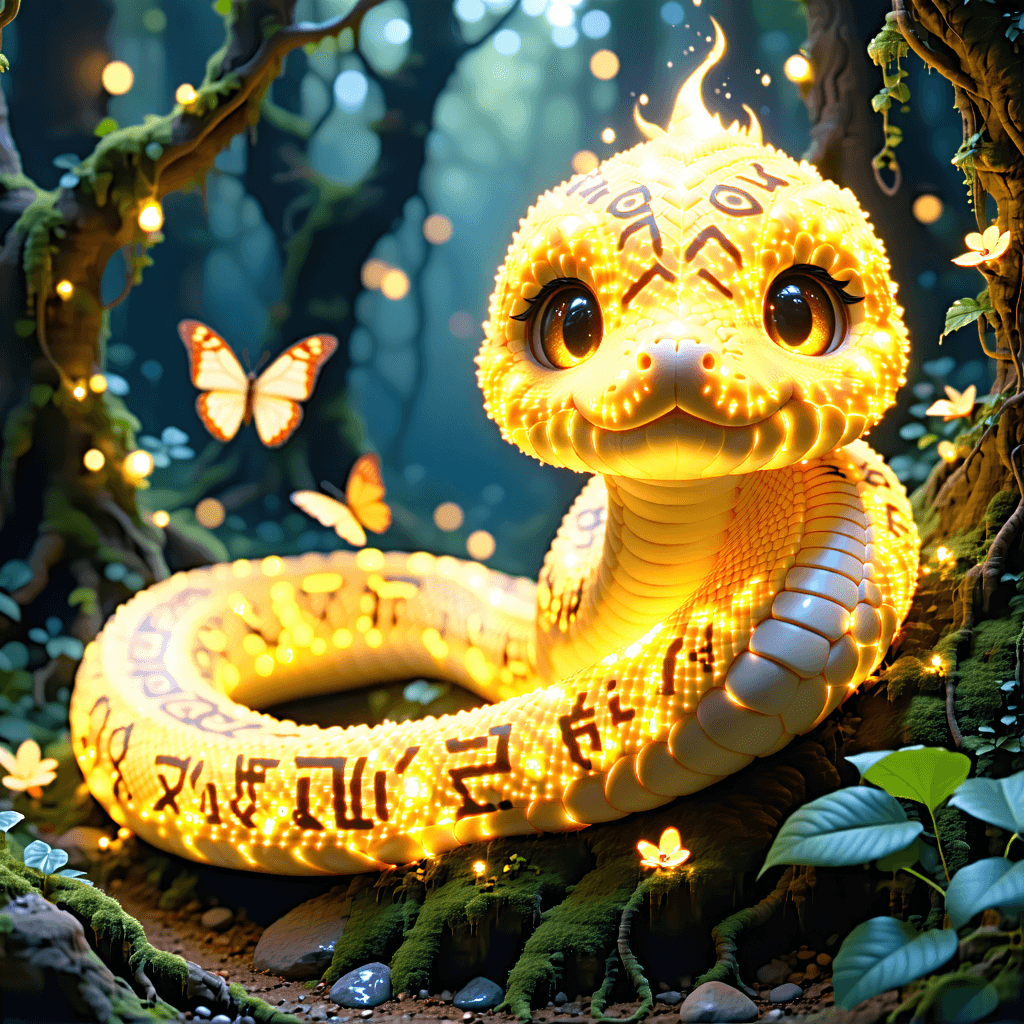 Envision a mystical, cozy, and utterly adorable creature with the form of a snake, yet covered in a fluffy, golden-yellow fur instead of scales, its small, beady eyes sparkling with a mysterious glow. This fuzzy serpent resides in a serene, magical forest, its body adorned with glowing runes and intricate patterns within its fuzzy texture, giving it a magical aura. Surrounding it, tiny whimsical creatures interact playfully, drawn to its warmth and light. The creature is entwined with glowing, enchanted vines, blending seamlessly with the natural beauty around it. Fluttering butterflies and fireflies add a touch of whimsy, dancing around this enchanting being. The entire scene is bathed in a soft, golden haze, with sunlight filtering through the leaves, enhancing the dreamy atmosphere. Ancient runes are engraved on the creature's tail, adding to its mystical allure. Capture this moment as the creature engages in a gentle, whimsical dance with a companion, embodying playfulness and magic in every move. The image should be cinematic, atmospheric, and detailed, with a focus on color scheme, lighting, and special effects to truly bring this magical moment to life.