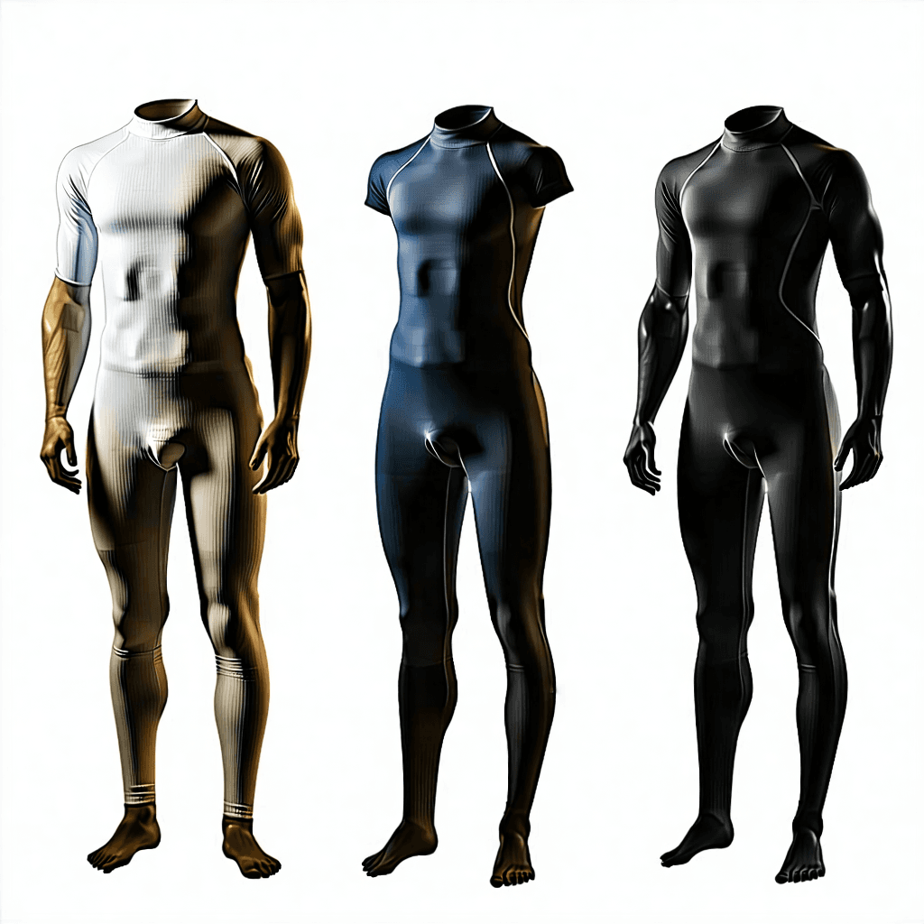 Craft a vivid, high-quality product photo showcasing the evolution of rowing gear over time. Begin on the left with an early 1900s heavy, long-sleeved cotton rowing uniform, baggy and thick, capturing its texture under soft, warm lighting to emphasize the fabric's weight. Progress rightward to a mid-20th century outfit, better fitted with shorter sleeves, under a slightly brighter light, highlighting the improved fit and silhouette. The third stage features a late 20th-century tight-fitting, sleeveless unisuit, focusing on the sleek seam construction and materials, with dynamic lighting to accentuate its performance-oriented design. Conclude with the latest, aerodynamic, smooth-fit unisuit, embodying elite competition gear, lit vibrantly to showcase technological advancements and a seamless, high-tech fabric. Arrange the gear diagonally, with mannequins or models in dynamic poses that reflect each era's functionality, gradually shifting the color palette from muted to vibrant. Incorporate subtle branding relevant to each period, detail shots of design features like collar styles, and use visual effects to echo the time period's aesthetic, blending the scenes with gradual lighting transitions. Apply a vintage filter to the oldest gear for a nostalgic touch, creating an emotional connection through facial expressions that mirror the spirit of each era.