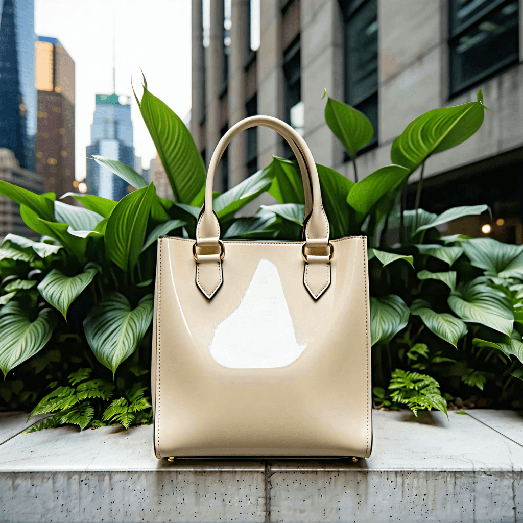 Craft a photorealistic image capturing a serene day, focusing on a bright beige handbag placed at the lower half of the frame, size 1000x1500. This handbag, detailed with exquisite texture mapping to highlight its vegan material, sits prominently against a softly lit urban backdrop. The concrete jungle behind it is interspersed with subtle greenery, a few plant veins delicately encircling the handbag's base, adding a touch of life to the composition. Employ a low angle shot to enhance the handbag’s presence, ensuring the background features buildings with concrete textures, blending urbanity with hints of nature. The lighting should be soft and natural, casting a gentle haze to create a shallow depth of field, focusing sharply on the handbag while softly blurring the background. The color palette remains neutral, with the handbag serving as a pop of color amidst the urban setting. This scene not only showcases the handbag’s textural details but also tells a story of subtle eco-friendly symbolism, contrasting the organic with the man-made in a cinematic composition.