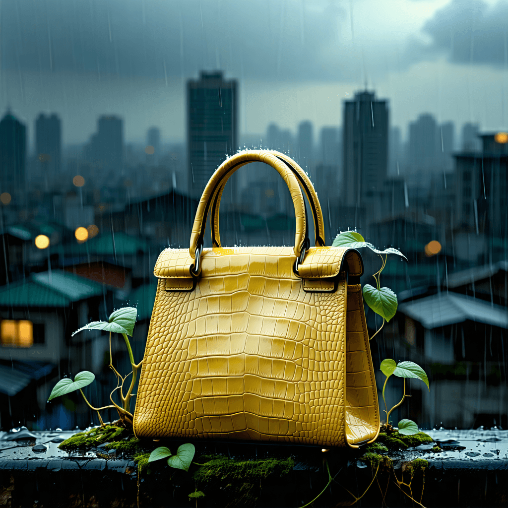 "Create an atmospheric image capturing a stormy evening, focusing on a vibrant beige handbag positioned at the bottom of the frame, size 1000x1500. This handbag, with intricate texture mapping to showcase its eco-friendly material, stands out against a dimly lit cityscape. The urban grit behind it is softened by faint traces of greenery, a few plant tendrils gently wrapped around the handbag's base, introducing a hint of nature to the scene. Use a low angle