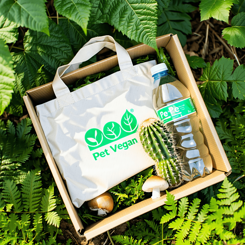 Craft a photorealistic image capturing a vibrant, sustainable lifestyle moment. The scene unfolds in soft, natural daylight, enhancing the tranquil ambiance of a day outdoors. Centered in this serene setting is a box resting on the ground, a symbol of sustainability. This box cradles a PET fabric vegan bag, showcasing its intricate texture and subtle brand logo, a mushroom, clear plastic bottles, and a vivid green cactus, creating a striking color contrast. Surround the box with gentle foliage, hinting at a lush environment. The composition is thoughtfully diagonal, guiding the viewer's eye across the scene, with a shallow depth of field focusing on the box and its contents. The backdrop features subtle elements like recycling bins, reinforcing the message of sustainability. The bottom half of the scene is rich with visual details, while the upper half offers a calming expanse of sky, providing space for a 'Shop Now' button and an inspiring testimonial quote from a satisfied customer. Include an interactive element, inviting viewers to 'Swipe to reveal more info', blending seamlessly into this composition of sustainability and innovation.
