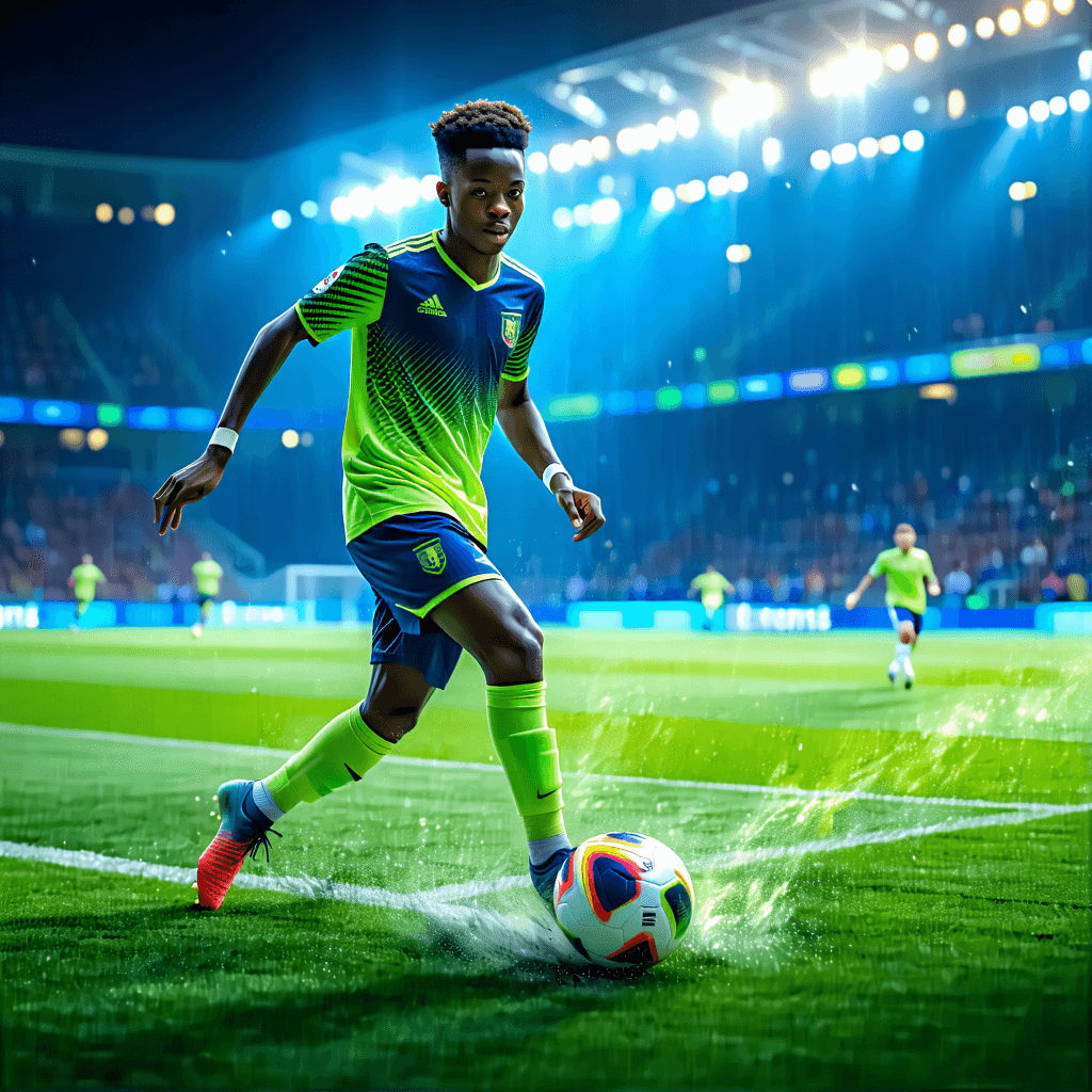 "Visualize Jamal Musiala, epitomizing the spirit of youthful prowess and cultural diversity, frozen in time amid the high-velocity action on a floodlit soccer arena. His eyes, sparkling with ambition, gaze towards the future as if visualizing his destiny. Positioned gracefully, with a soccer ball by his side, he epitomizes the fluid agility of a seasoned midfielder. His kit, richly detailed, reflects his roots and the emblem of his squad, emanating vitality and color.