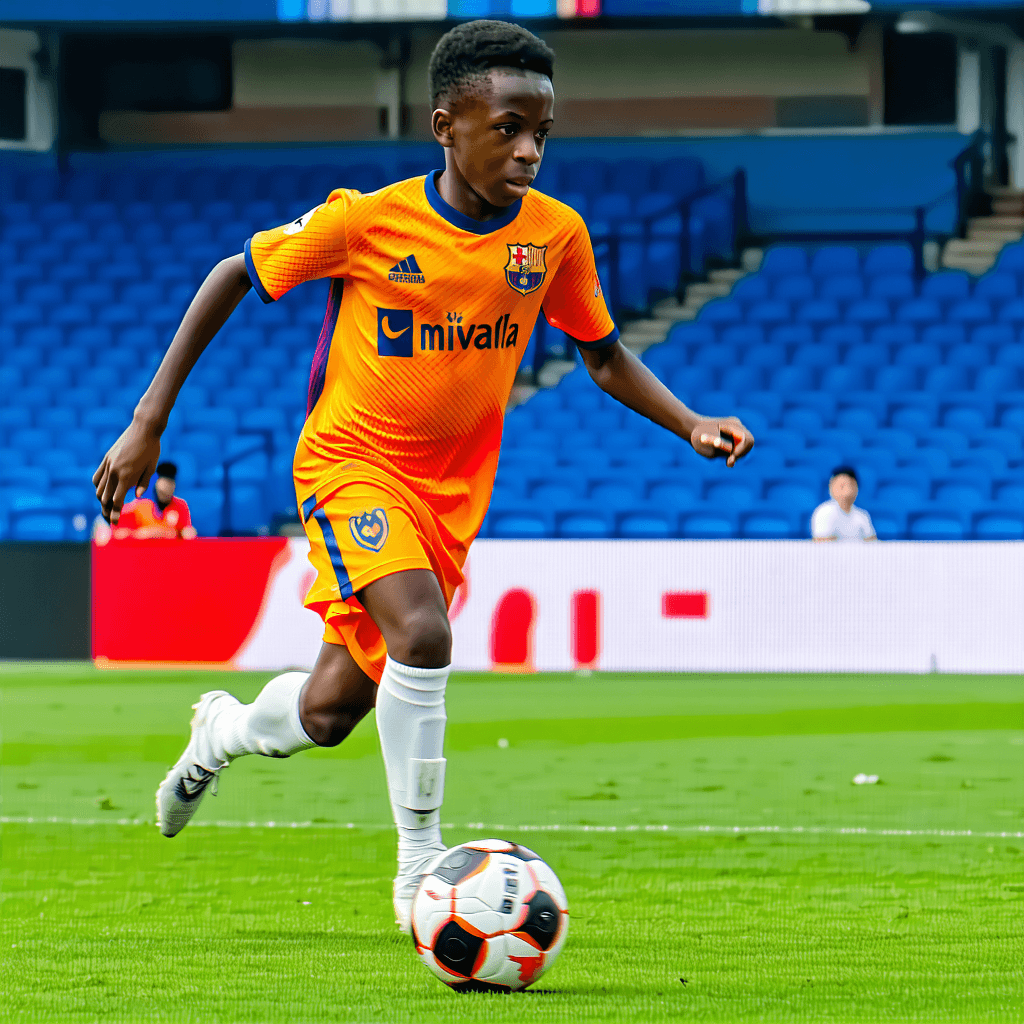 Imagine Jamal Musiala, the essence of youthful talent and diversity, captured mid-action on the vibrant green of a soccer stadium. His expressive eyes, brimming with determination, lock onto the horizon as if seeing the trajectory of his dreams. He's poised elegantly, with a soccer ball at one foot, showcasing the dynamic movement of a skilled midfielder. His attire, rich in texture, carries the colors of his heritage and the emblem of his team, radiating energy and vibrancy. A rising sun in the backdrop symbolizes his burgeoning potential, casting dramatic shadows and illuminating his figure with a surrealistic glow. Accessories, like a gleaming soccer trophy or medal, adorn the scene, emphasizing his achievements and aspirations. The entire composition is a vivid tableau of cultural identity, youthful exuberance, and the universal language of soccer.