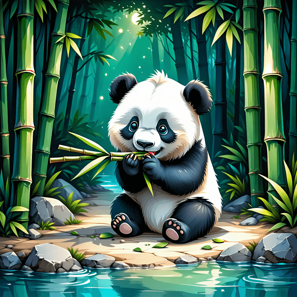 Imagine a scene captured in soft pastel colors, where a cute 2D cartoon panda embarks on a journey of curiosity through a lush bamboo forest. The composition is dynamic, with a diagonal layout leading the viewer's eye across the canvas. From a top-down perspective, we see the panda in the middle of a gentle feast, munching on fuzzy bamboo stalks, each fiber detailed for a touch of realism. The environment around the panda is alive with the textures of the forest—furry panda contrasted against the soft, fuzzy texture of bamboo. Around them, a gentle water stream meanders, adding a serene atmosphere. The air is filled with glittering fireflies, adding a magical touch to the scene, while a gentle rain drizzles, creating soft ambient light that casts subtle shadows. The panda's emotions are exaggerated, showcasing a wide-eyed wonder that brings the narrative of curiosity to life. This scene is not just an image but a story, inviting the viewer to feel the panda's joy and wonder in this enchanted moment.