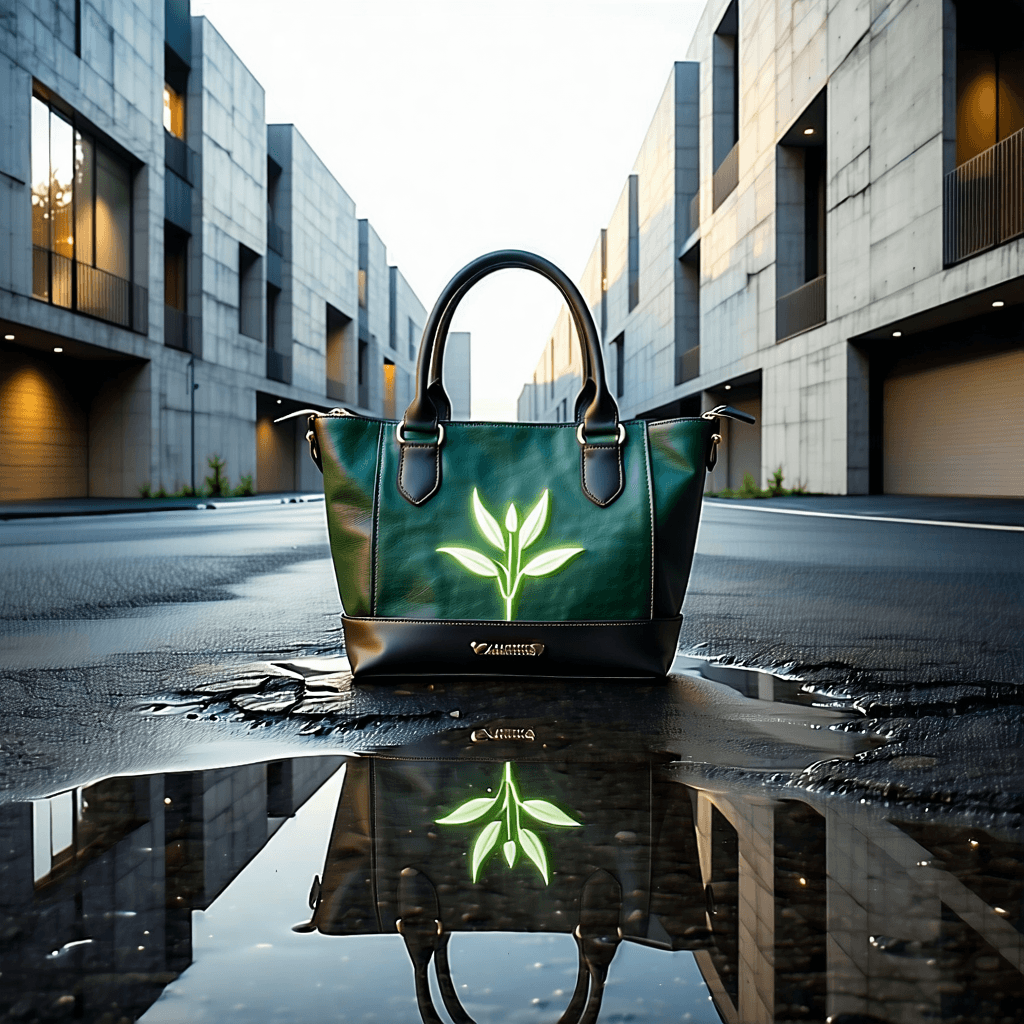 Craft a photorealistic image capturing a vegan PET fabric handbag placed on a road, illuminated by soft natural lighting. The handbag, detailed with a bioluminescent plant brand at its bottom, occupies the lower half of the frame in a composition aligned with a vanishing point perspective. Surrounding the bag, the road mirrors subtle puddles reflecting the scene, enhancing the atmosphere with a touch of urban decay through cracked walls and peeling paint of towering concrete buildings. These buildings, devoid of any greenery, frame the scene, their windows catching glossy reflections and a fleeting human figure. The color palette blends earthy tones with vibrant pops of green from the handbag's branding, under a daylit sky slightly hazed in the distance, achieving a blend of sharp focus and cinematic composition in an 8k resolution image sized 1080 x 1920.