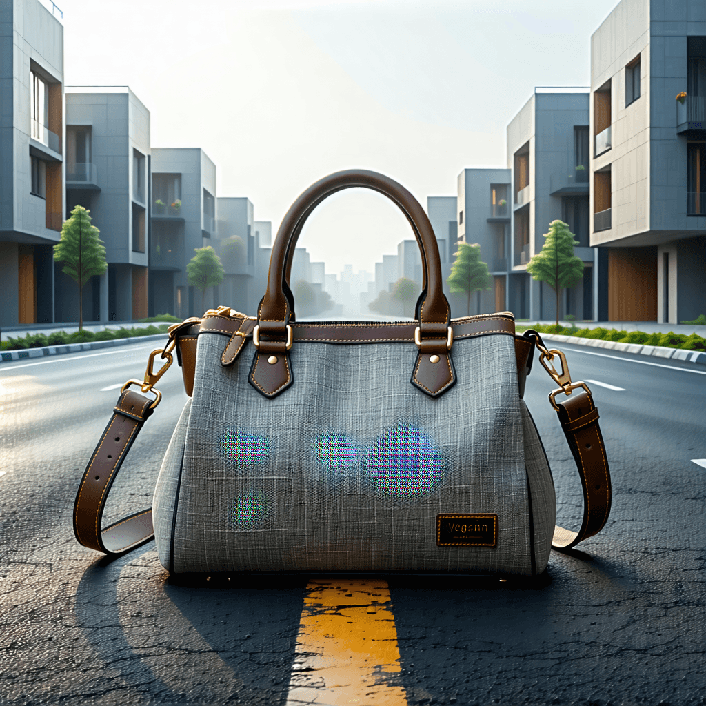 the image size 1080 x 1920, a vegan PET fabric handbag on a road, in the background  in one point perspective concrete buidings. this all in day setting and  the bag should be at bottom half if the whole image
the background should not have any plants or trees .
the concrete buildings should be higher